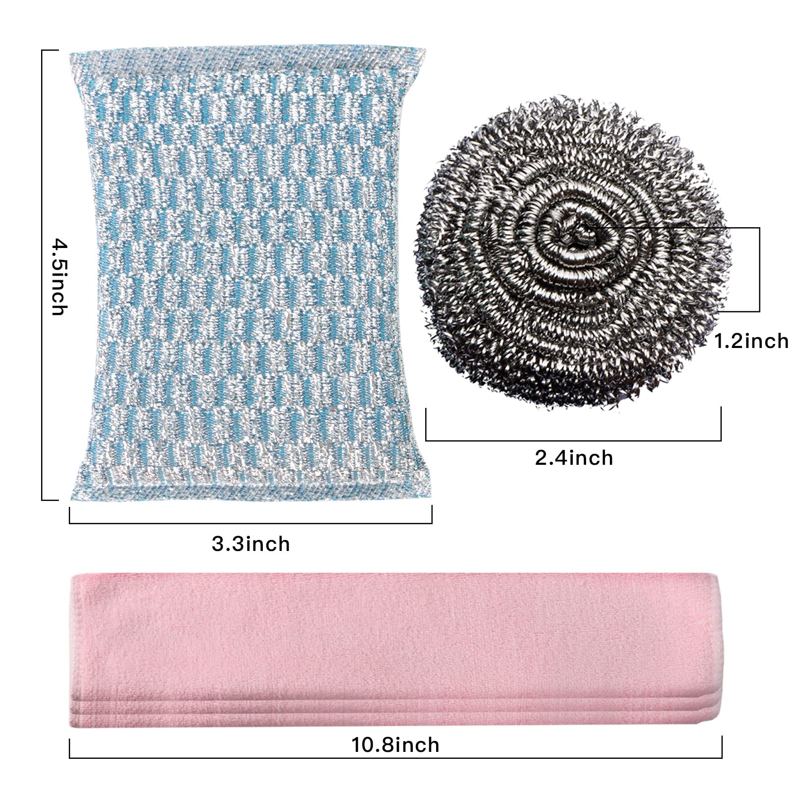 6pcs Stainless Steel Scrubber 2pcs Heavy Duty Scrub Sponges 1pcs Dish Clean Towel for Kitchens Bathroom and More (9 Count)