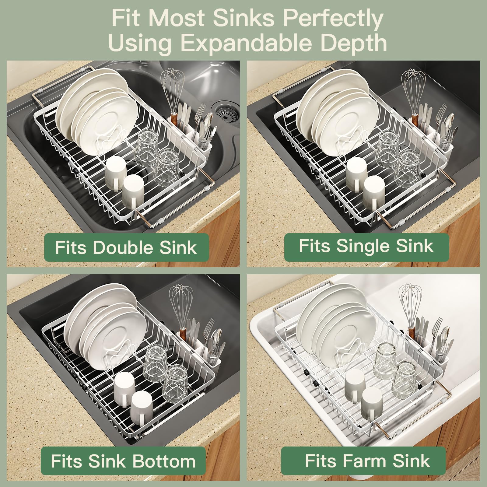 White Dish Drying Rack Over The Sink with Utensil Holder