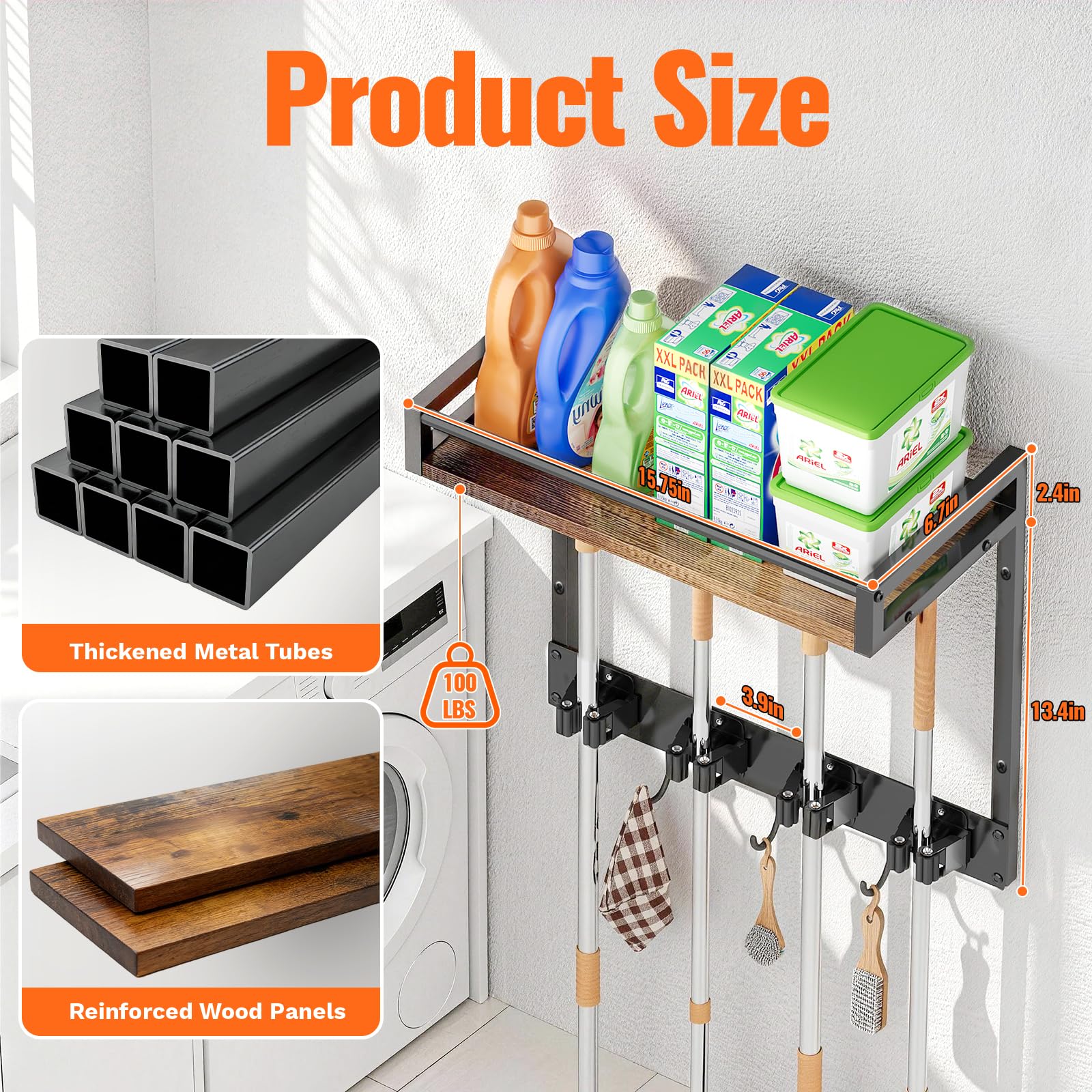 Broom Holder Wall Mount with Shelf