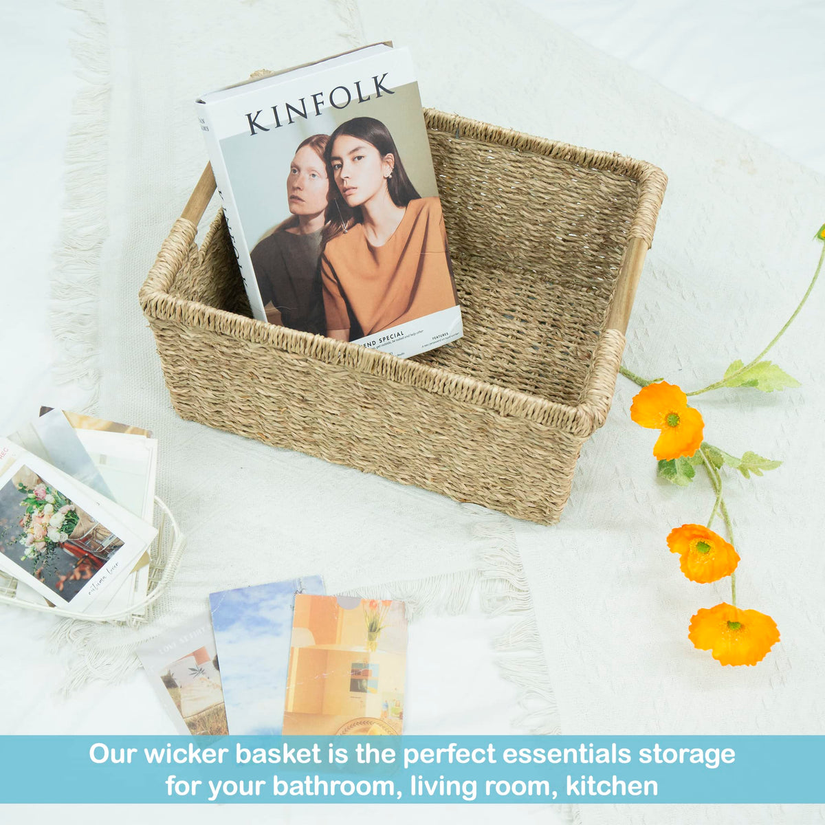 Large Wicker Storage Basket with Wooden Handles