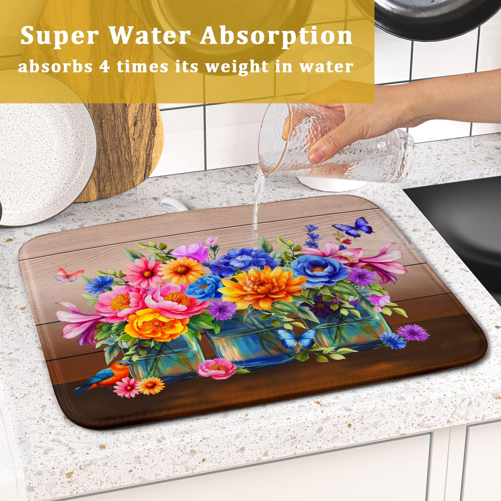 Colorful Flowers Dish Drying Mat for Kitchen Counter 16x18in Spring Summer Flower Vases Dish Mat Drying Absorbent Microfiber Dish Drainer Rack Mats Botanical Floral Dishes Pad for Countertops