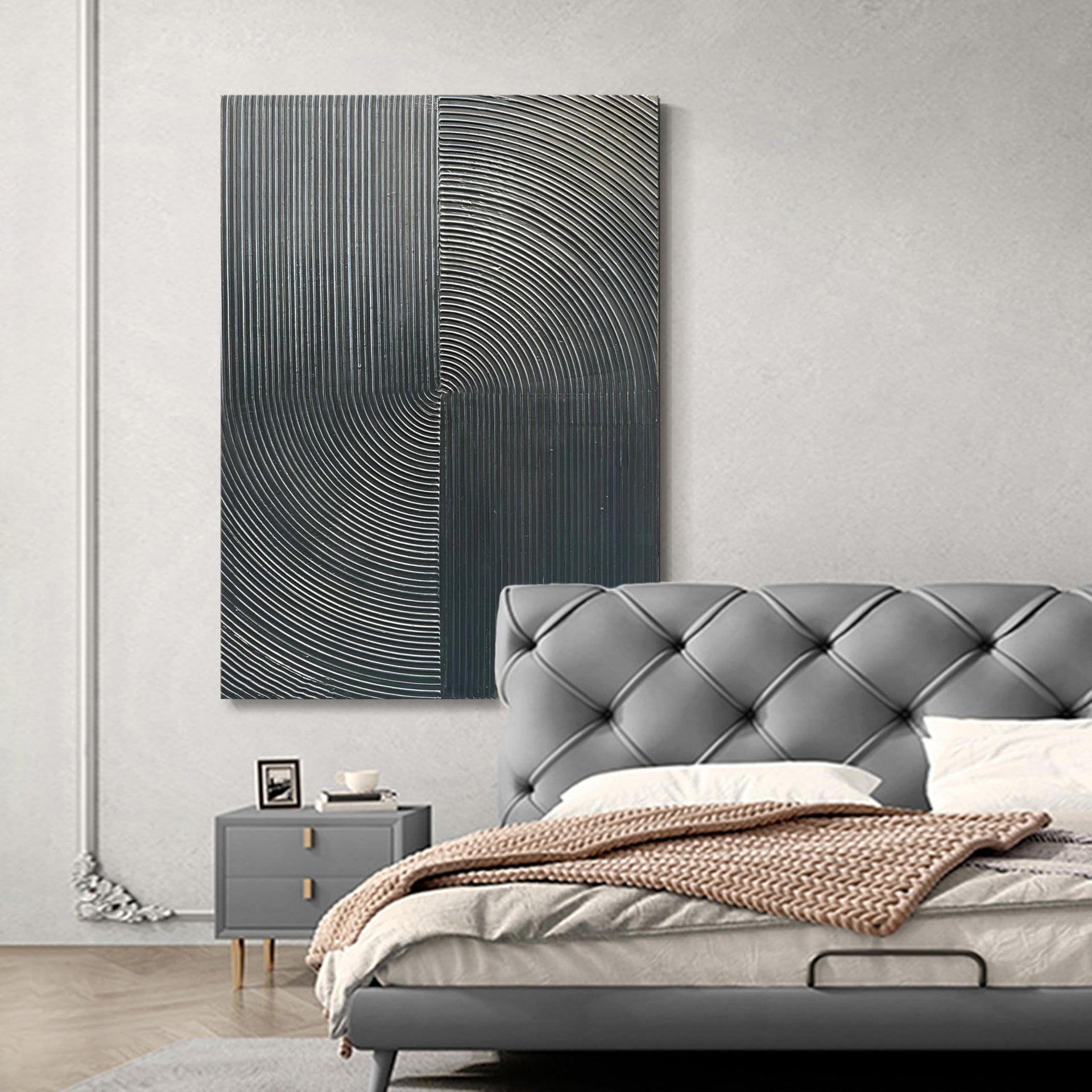 Hand Painted Abstract Modern Oil Painting 40x28 Inch Black Texture Contemporary Wall Art Minimalist Frame Artwork for Wall Decoration
