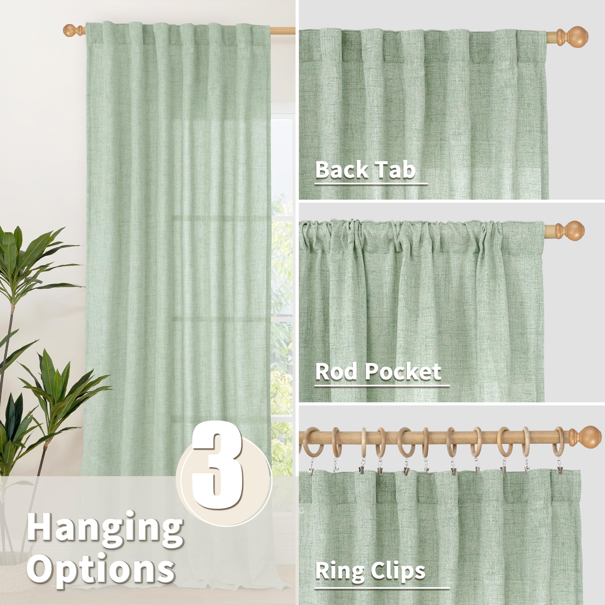 Sage Green Linen Semi Sheer Curtains 72 Inch Length 2 Panels (2 Count)