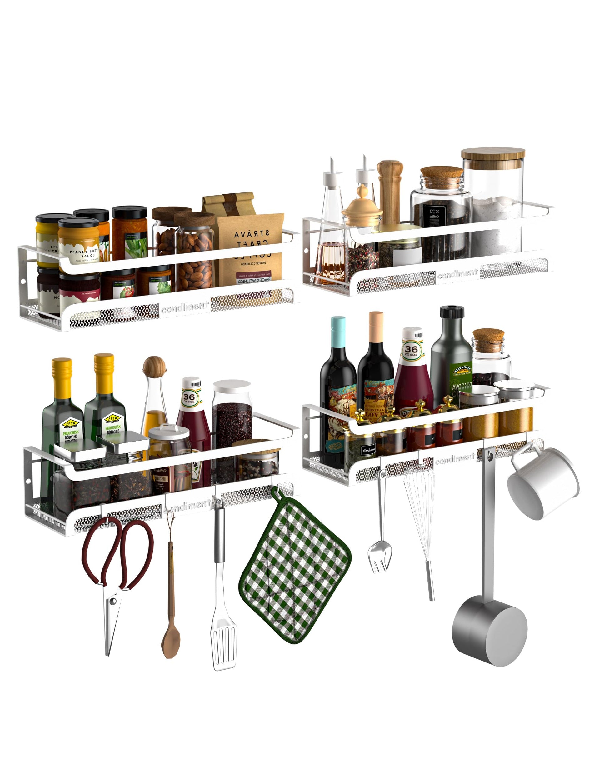 Spice Rack Wall Mount with Hooks (4 Count)