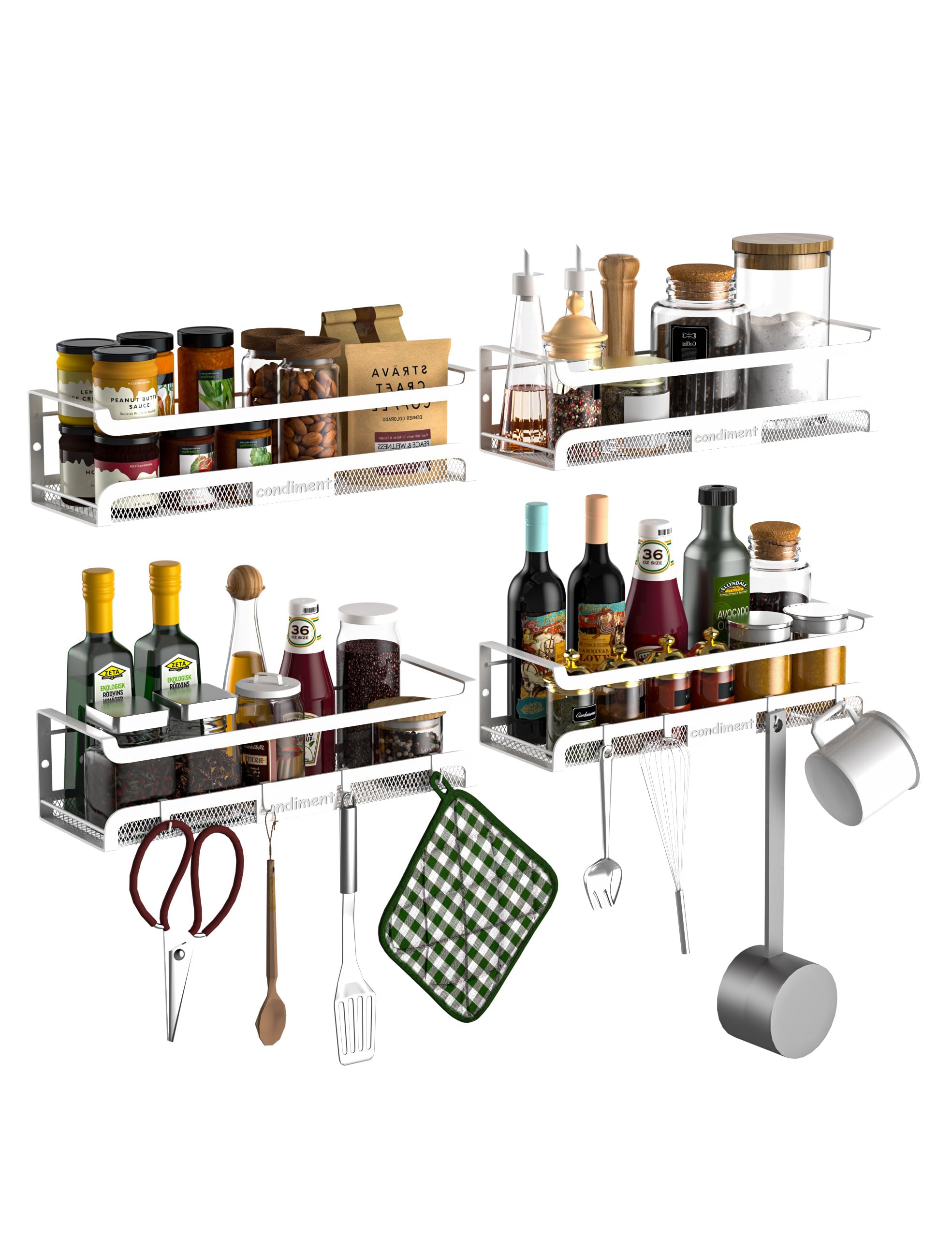 Spice Rack Wall Mount with Hooks (4 Count)