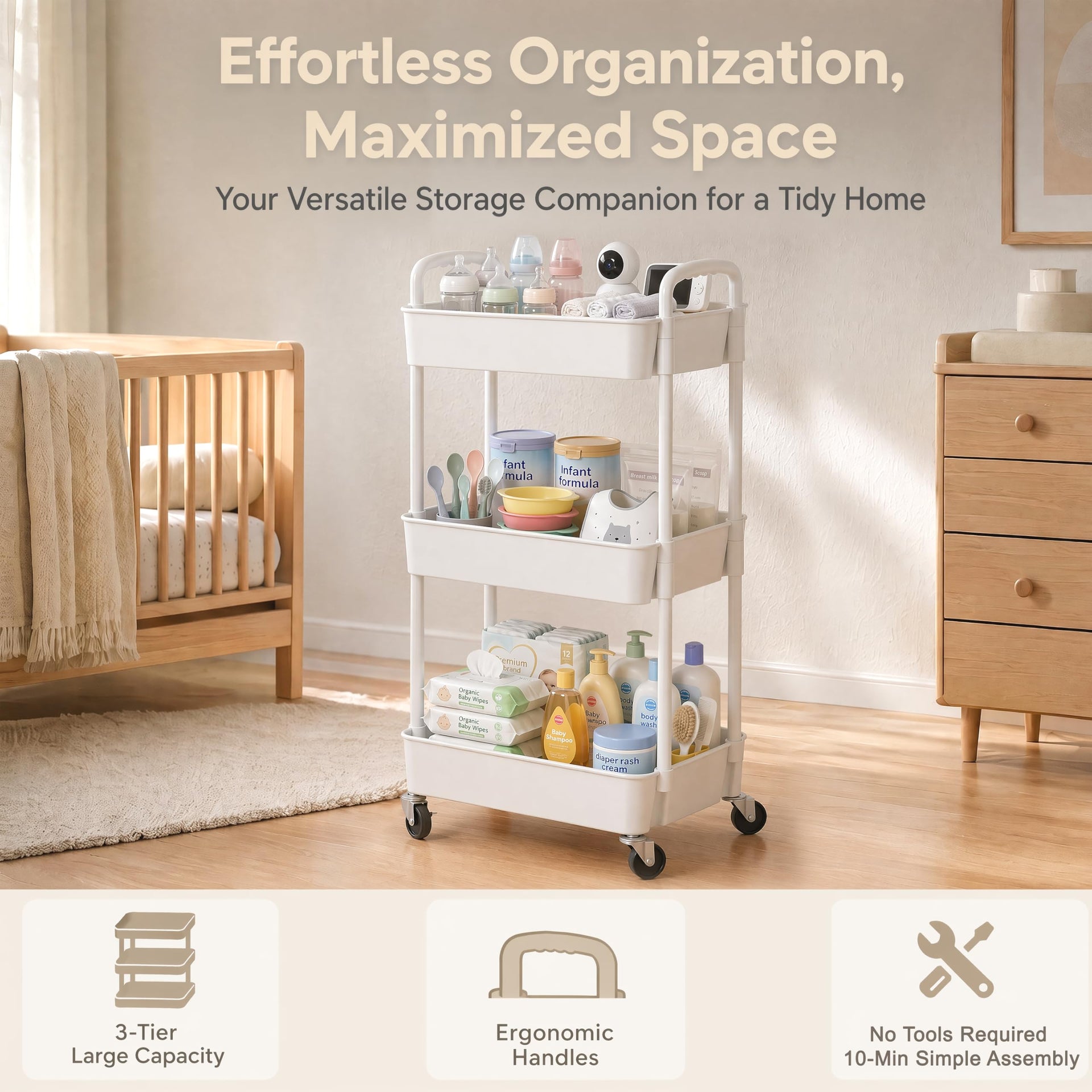 3 Tier Rolling Cart with Wheels (3 Count)