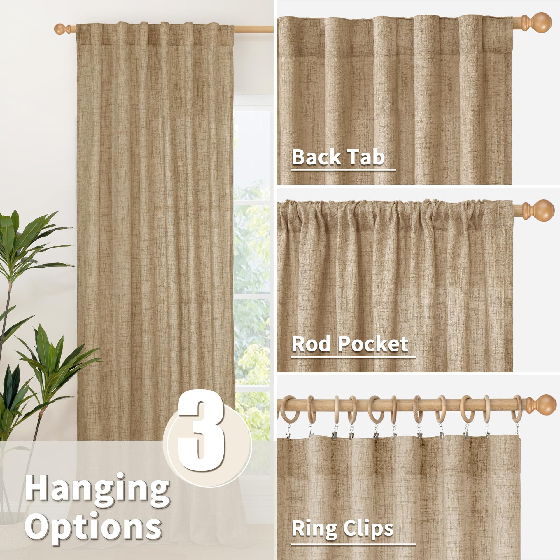 Burlap Linen Curtains 63 Inch Length for Living Room Window (2 Count)