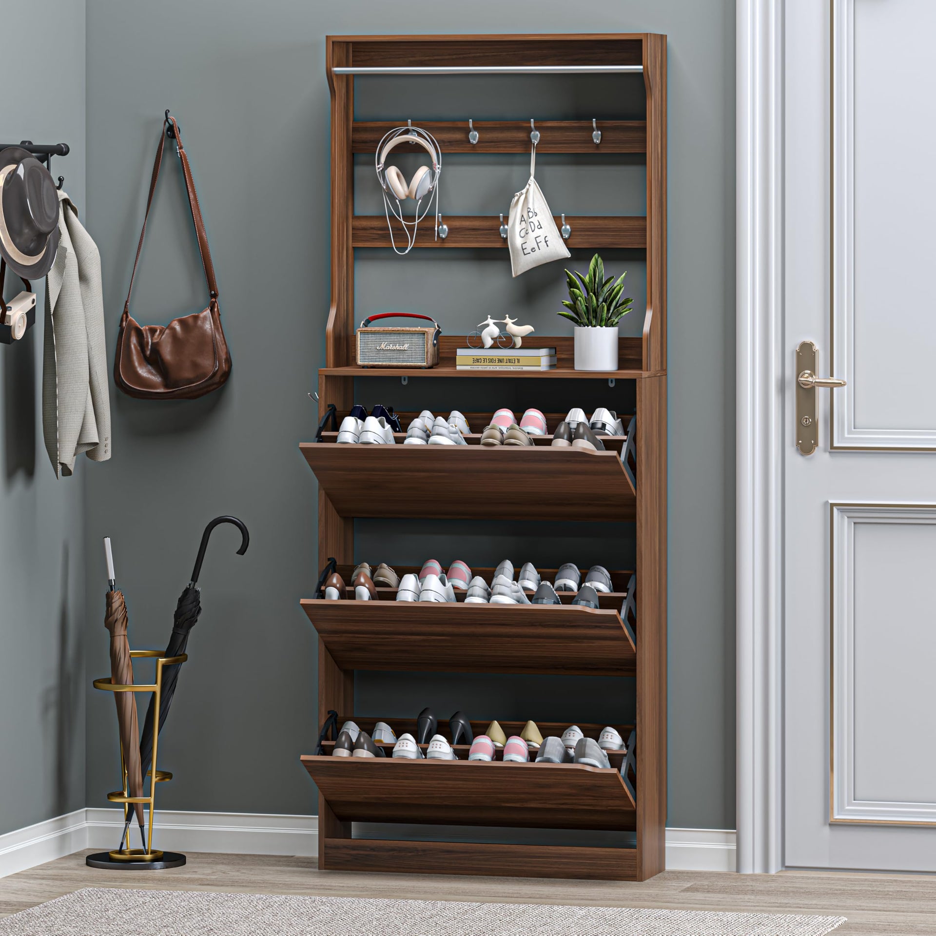Shoe Cabinet with 3 Flip Drawers & Coat Rack