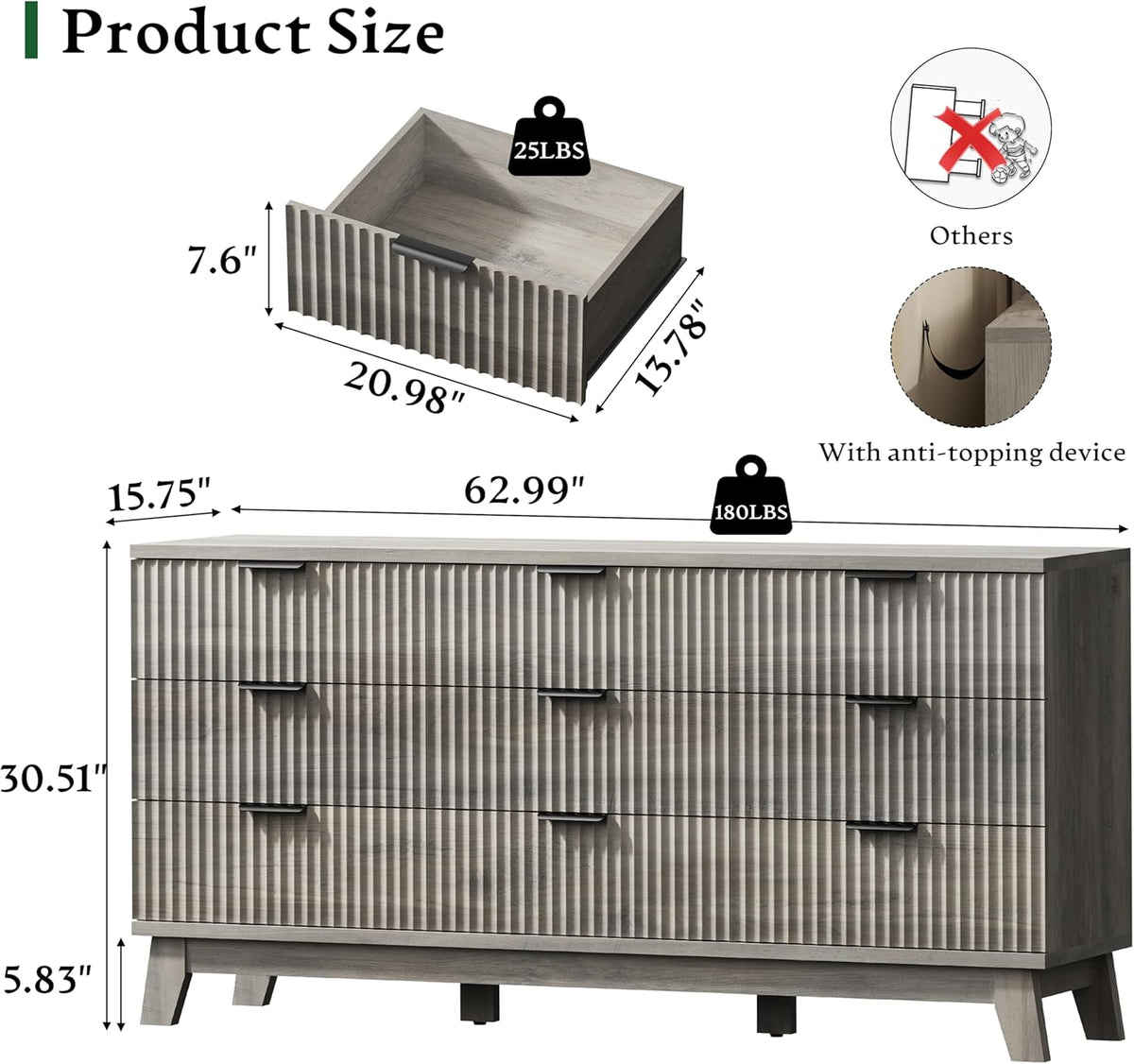 Fluted Dresser with 9 Drawers, 63" Wide Modern Chest of Drawers with Metal Handle, Wooden Dresser TV Stand, Wood Closet Clothes Storage Organizer for Bedroom, Living Room, Hallway, Light Grey