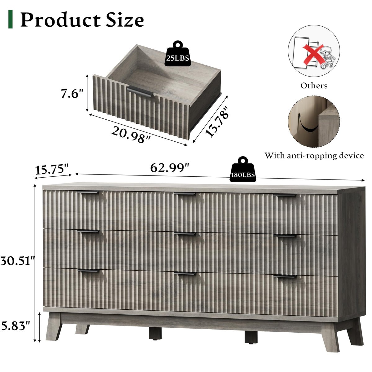 Fluted Dresser with 9 Drawers
