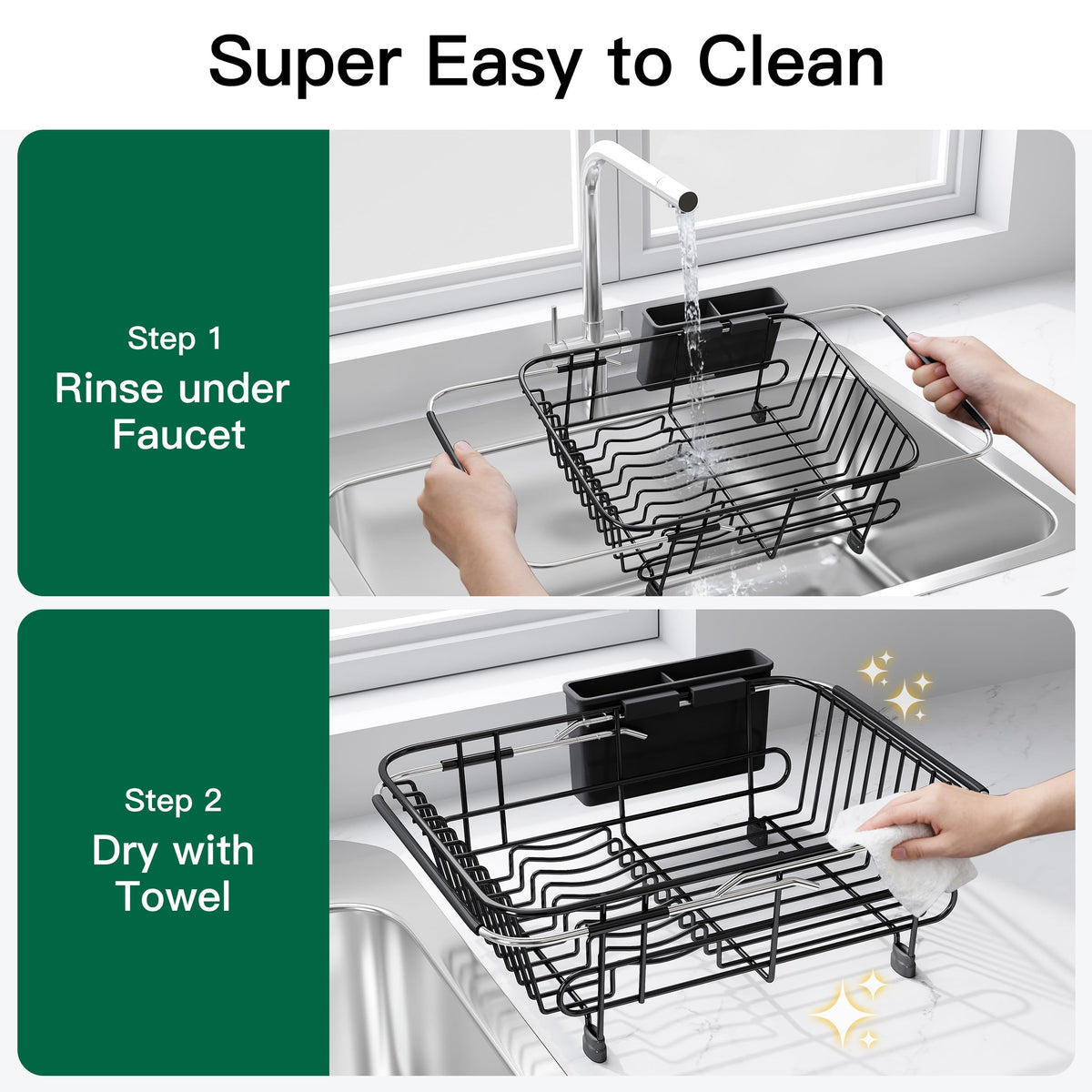 Black Dish Drying Rack in Sink with Utensil Holder