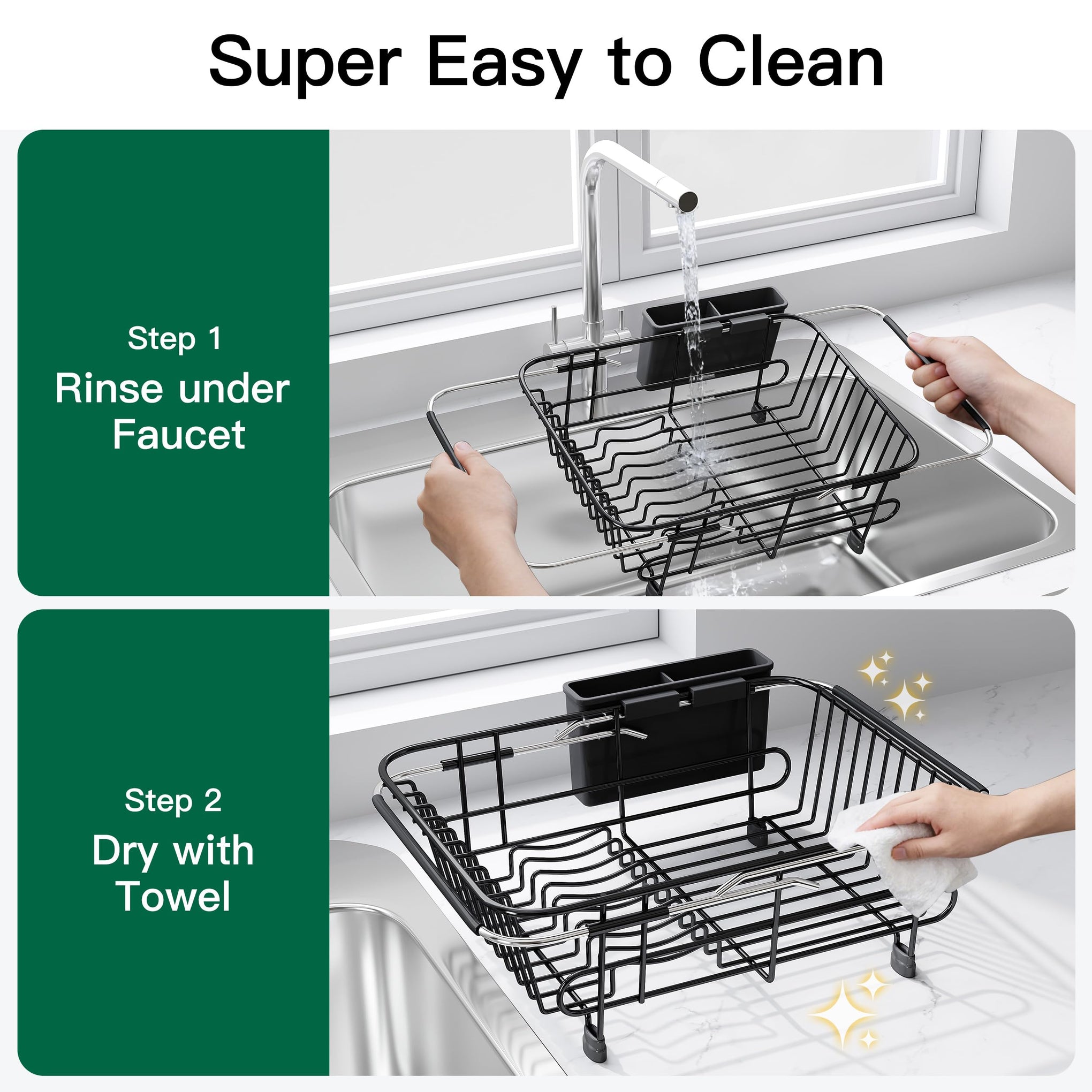 Black Dish Drying Rack in Sink with Utensil Holder