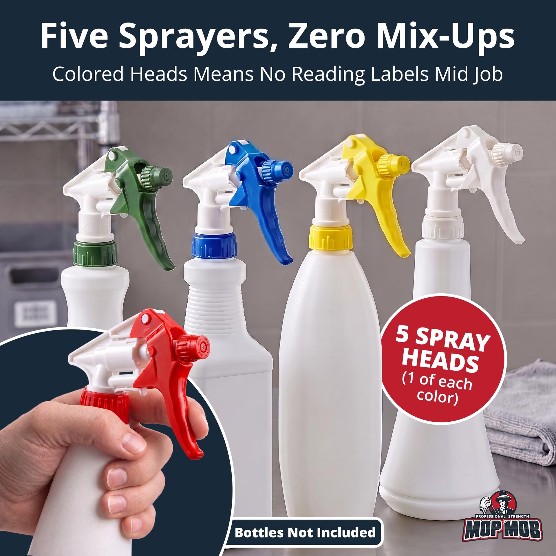 Leak-Free, Chemical Resistant Spray Head 5 Pk Industrial Spray Heads Only (No Bottles) for Auto/Car Detailing, Window Cleaning and Janitorial Supply. Heavy Duty Low-Fatigue Trigger and Nozzle. (5 Count)