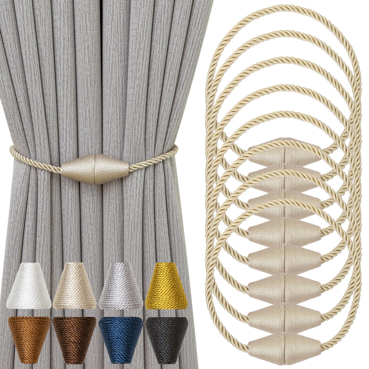 Magnetic Curtain Tiebacks 8 Pack Outdoor Rope Curtain Tie Backs Decorative Window Treatment Holdbacks for Home Decorative Curtain (8 Count)
