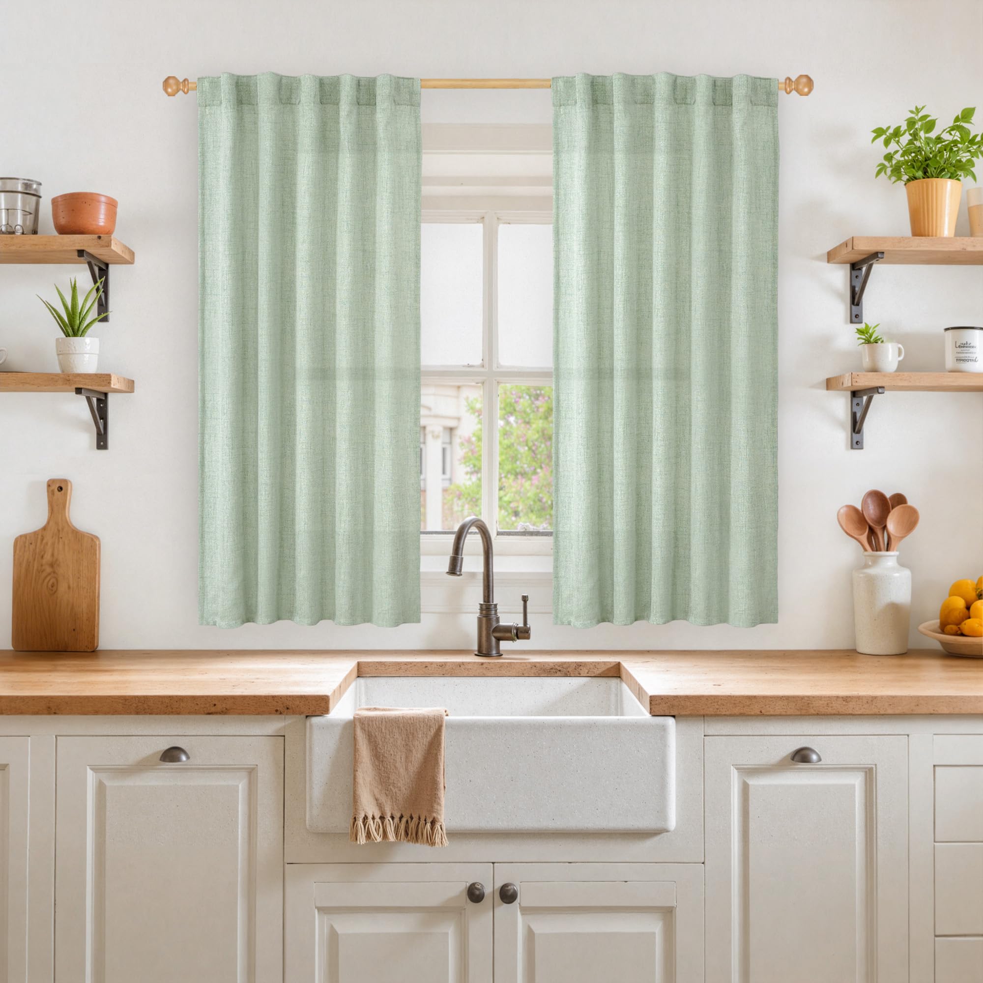 Sage Green Linen Semi Sheer Curtains 45 Inch Length for Kitchen Window (2 Count)