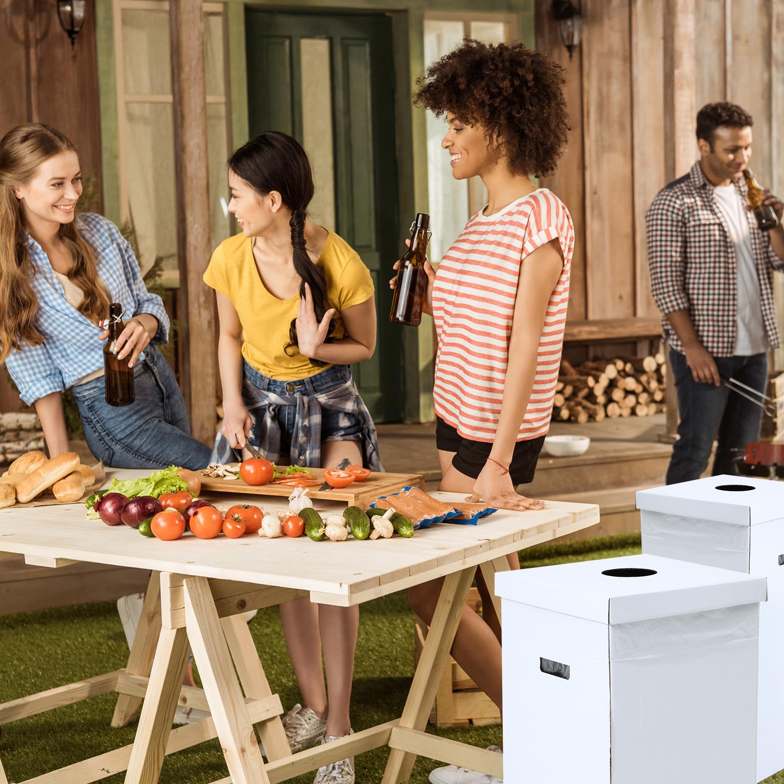 3 Pcs Cardboard Trash Cans with Lid Disposable and Reusable Corrugated Cardboard Trash Cans Recycling Bins Bulk with 6 Garbage Bags White Rubbish Boxes for Parties Events (3 Count)