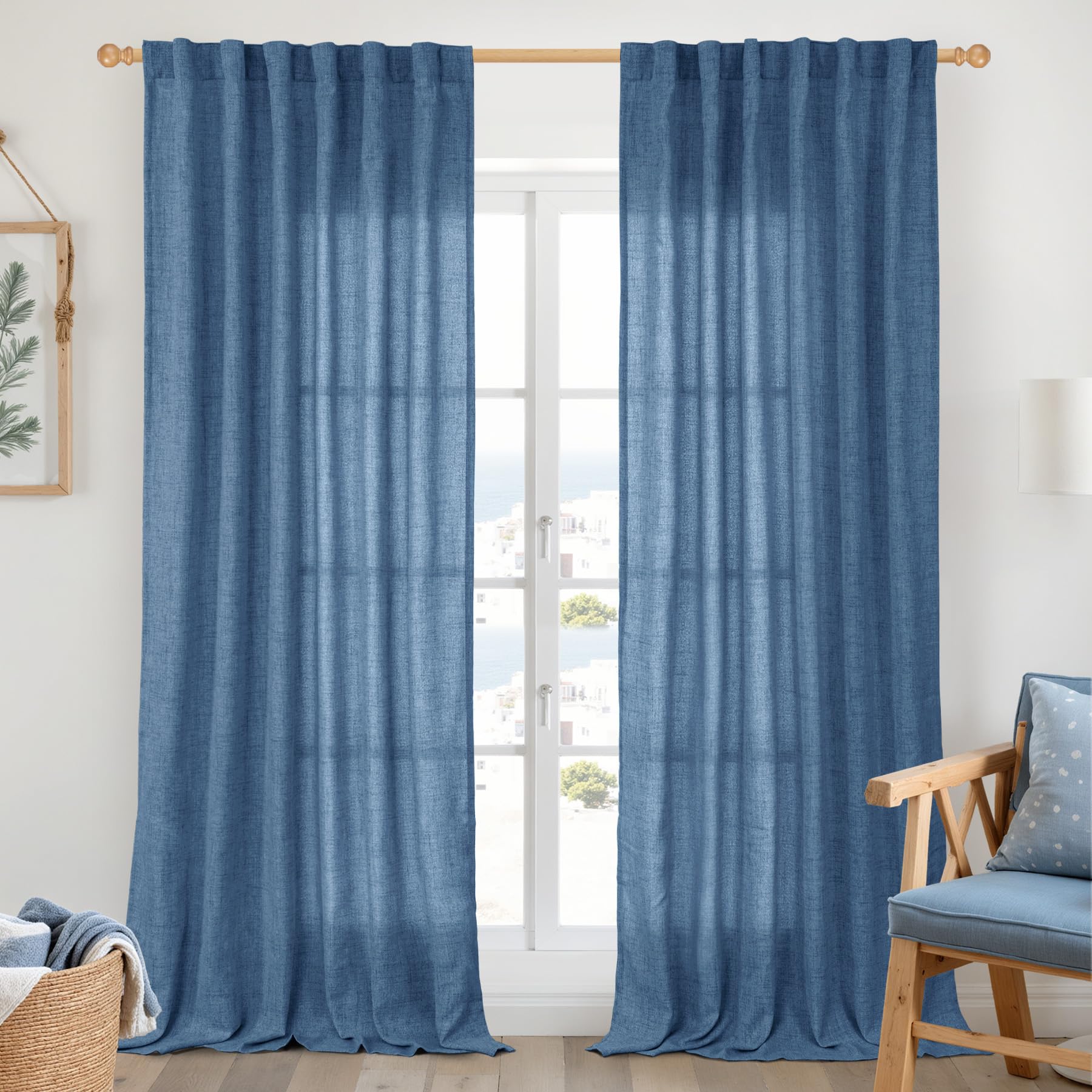 Navy Linen Curtains 95 Inch Length for Living Room (2 Count)