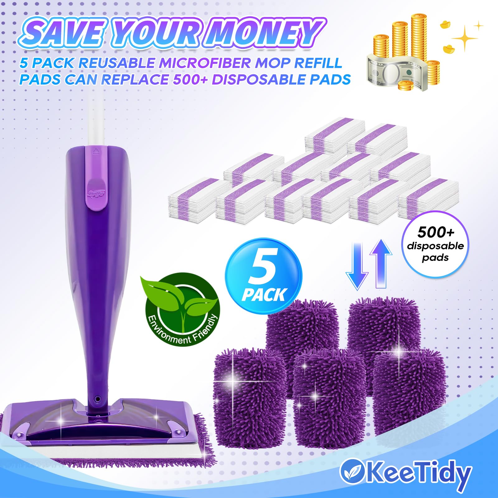 Reusable Mop Pads Compatible with Swiffer Wet Jet Mop Refills Microfiber Mopping Pads Wet & Dry Use Mop Replacement Pad for Swiffer Wetjet Cleaning Supplies 5 Pack (5 Count)