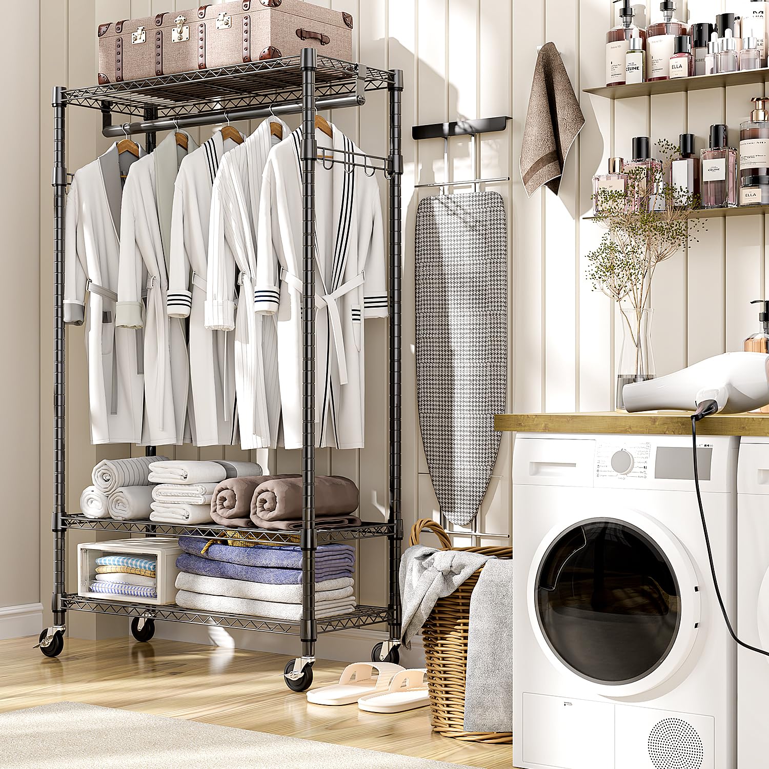 Heavy Duty Rolling Garment Rack 3 Tiers Adjustable Wire Shelving Clothes Rack with Rods and Side Hooks