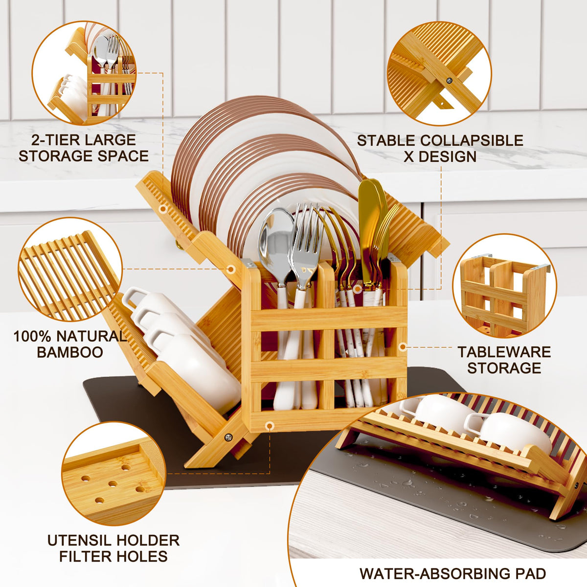 Bamboo Dish Drying Rack with Utensil Holder