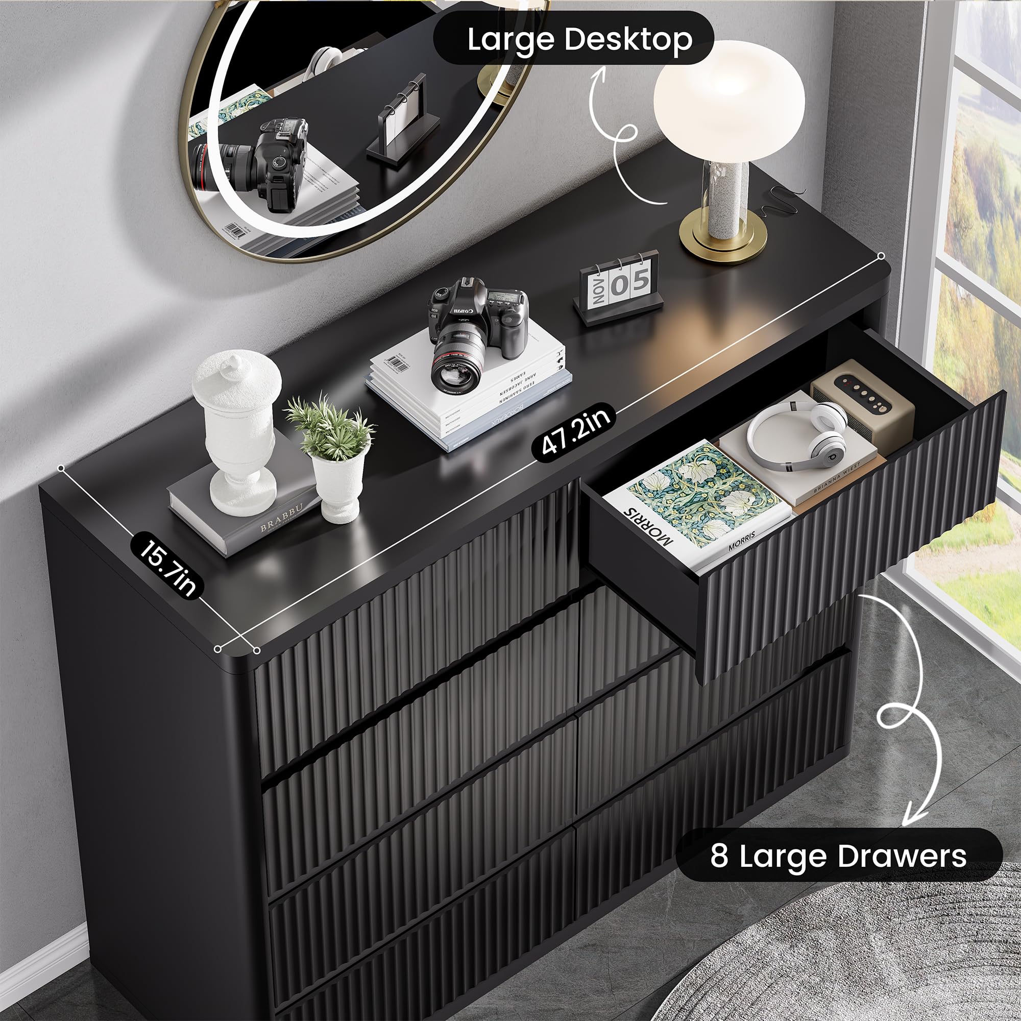 Black 8 Drawers Dresser for Bedroom