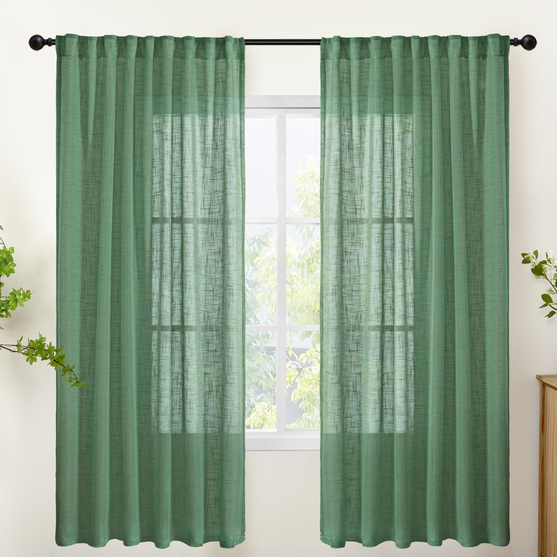 Green Linen Semi Sheer Curtains 72 Inch Length (2 Count)