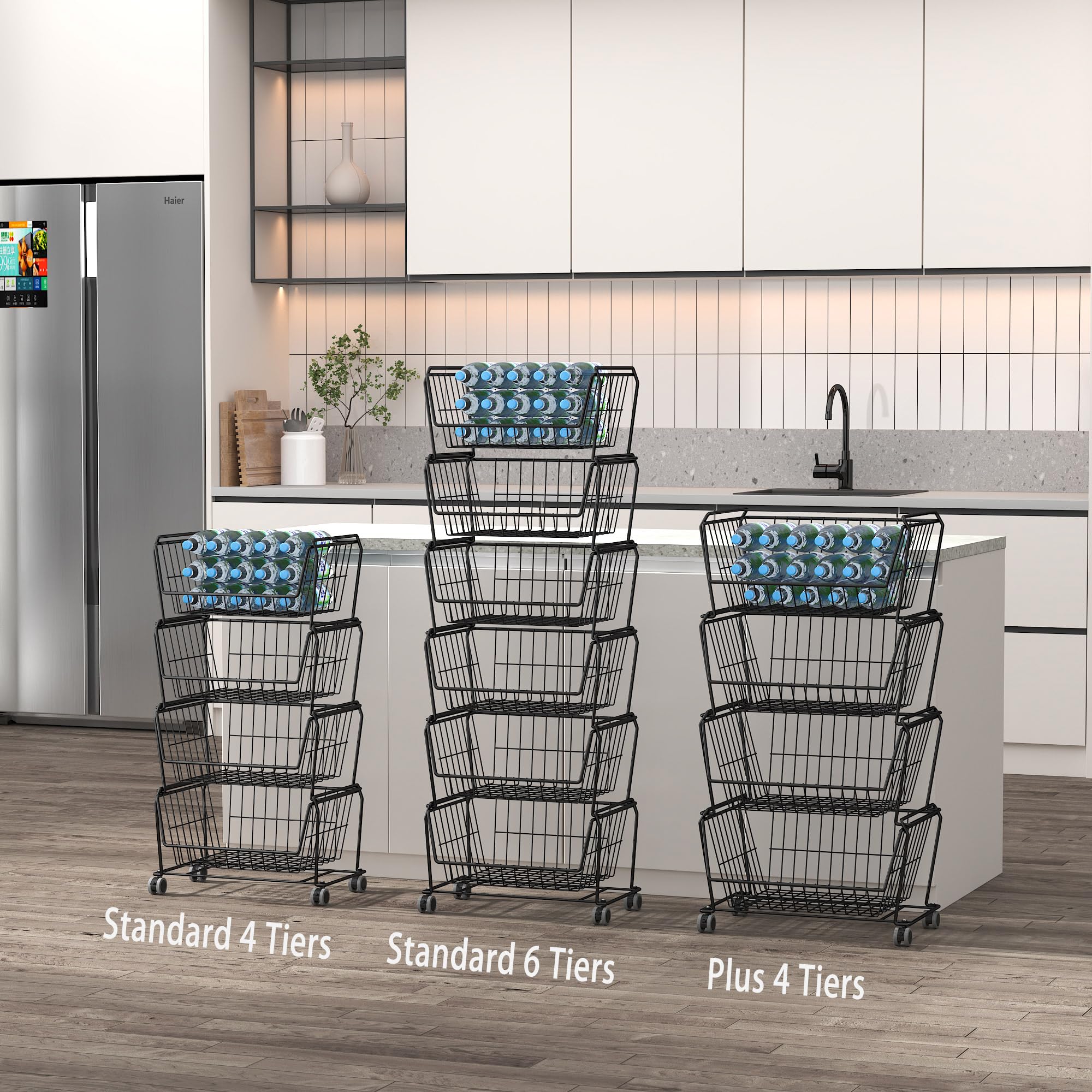 4 Tier Spacious Stackable Wire Storage Baskets with Wheels