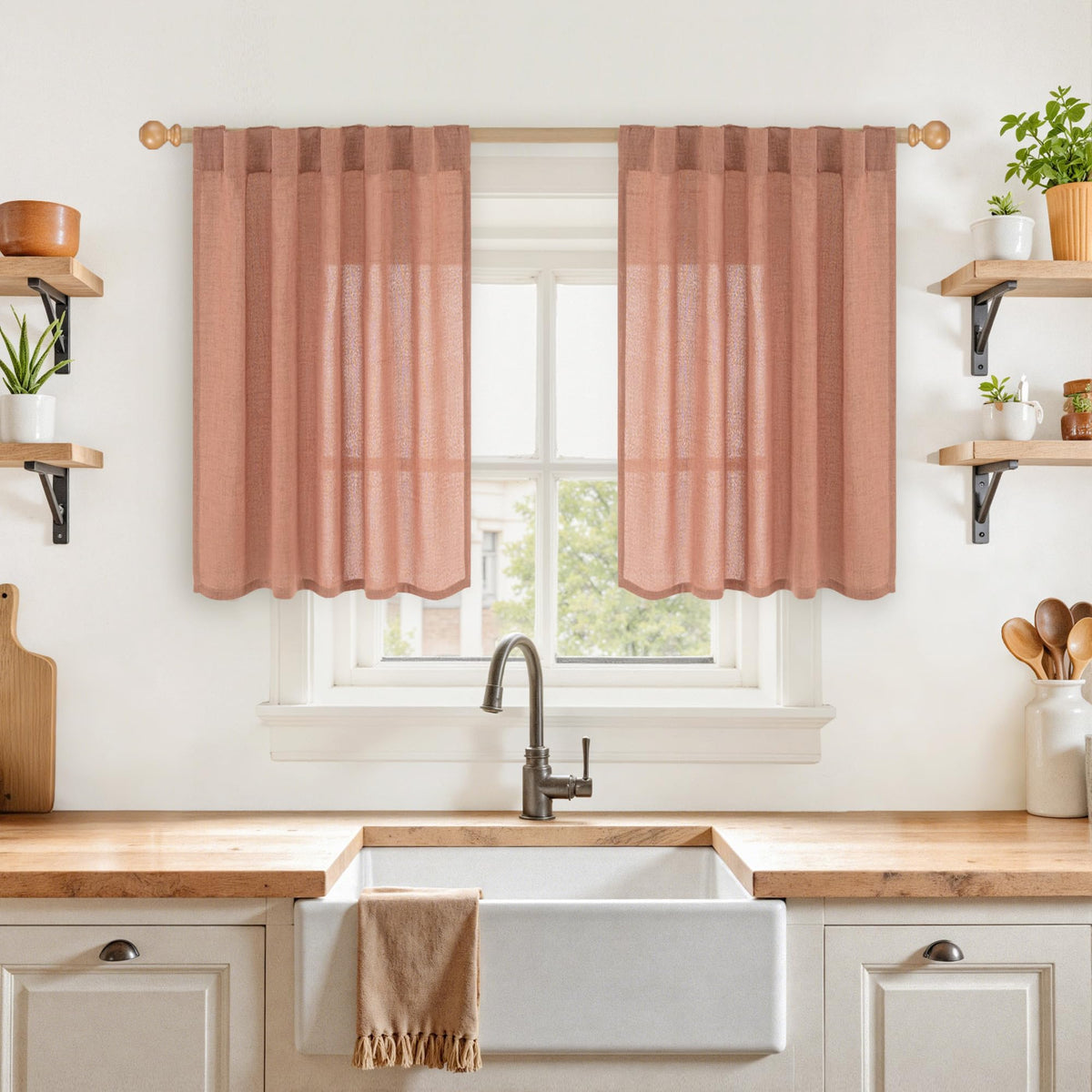 Short Terracotta Linen Curtains 36 Inch Length (2 Count)