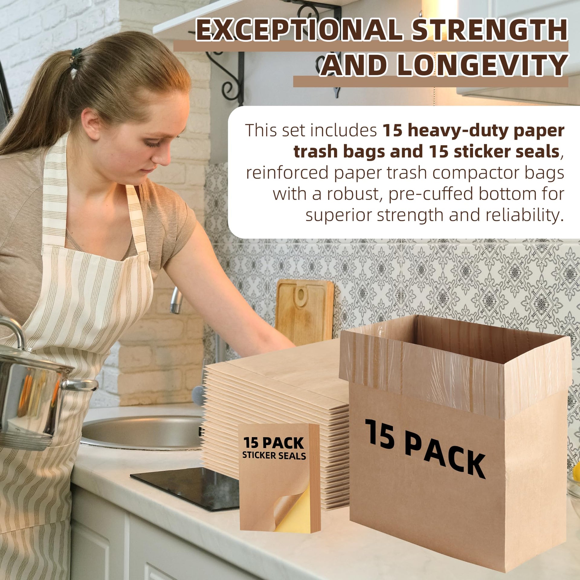 15-Pack) Calvana Super Strong Compactor Bags, Heavy-Duty Kitchen Paper Trash Bags with Leak Proof Plastic Liner, Fits GE Model Compactors with Rectangular Containers, Includes 15 Sticker Seals (15 Count)