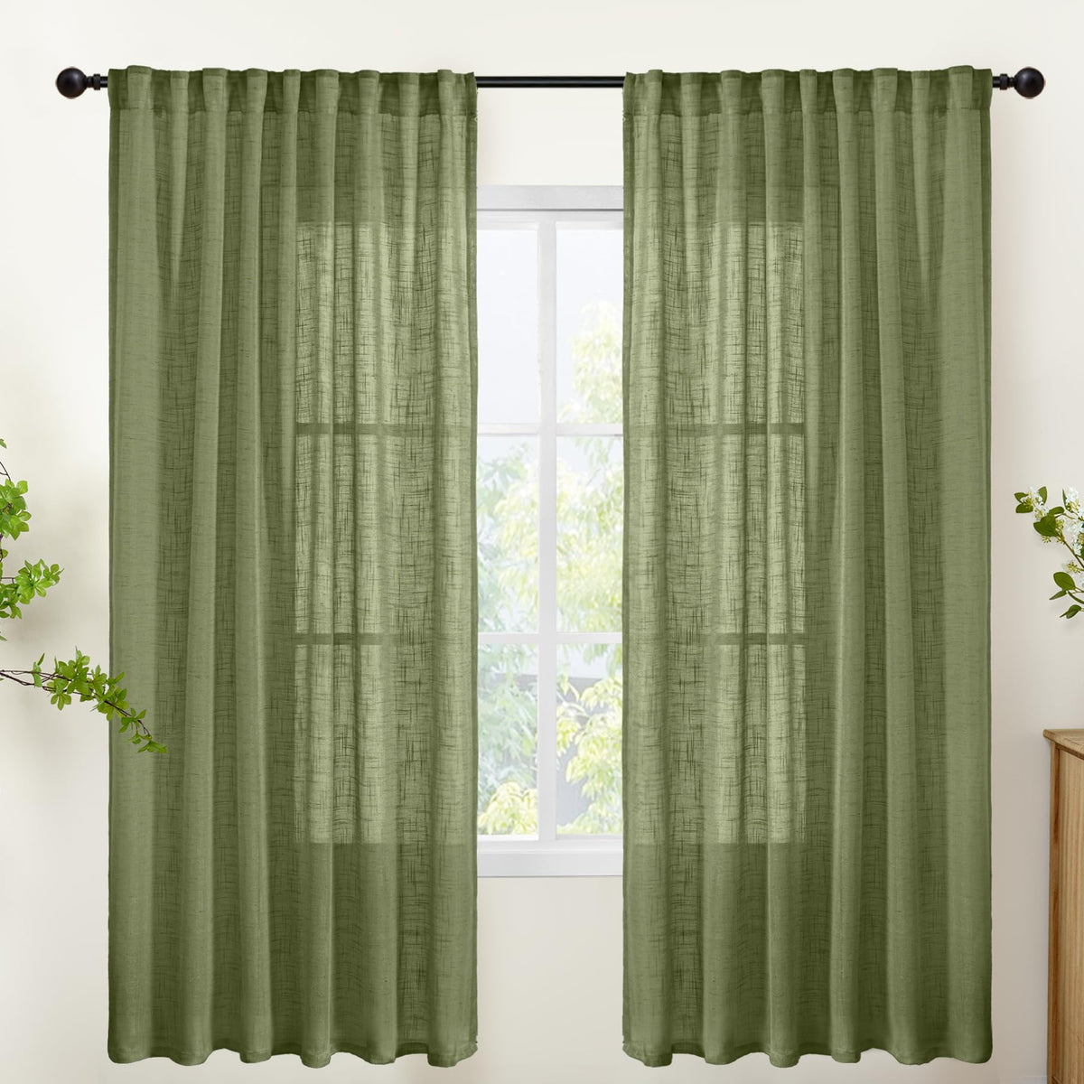 Olive Green Linen Semi Sheer Curtains 72 Inch Length (2 Count)