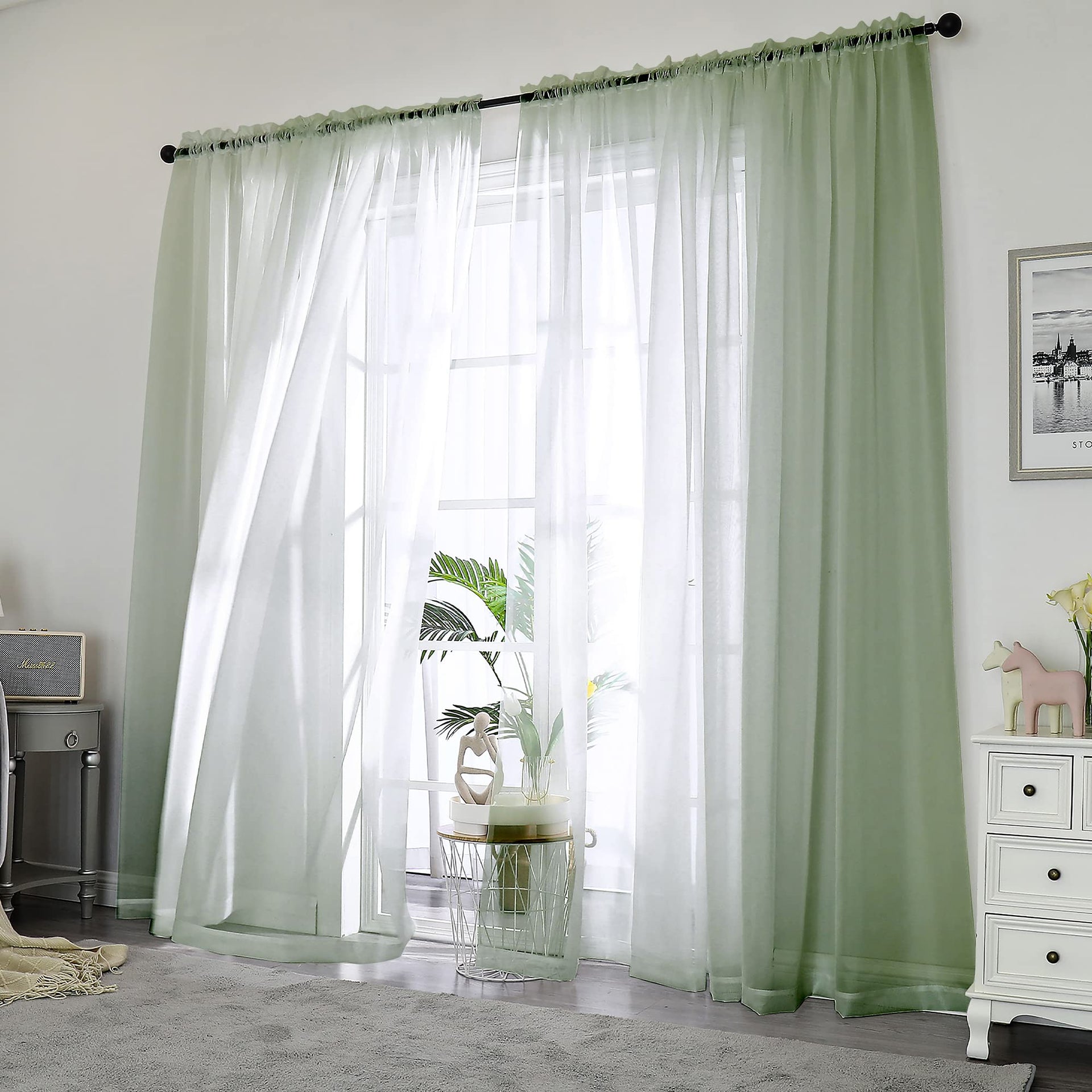 Sage Green Sheer Curtains 84 inches Long 2 Panels