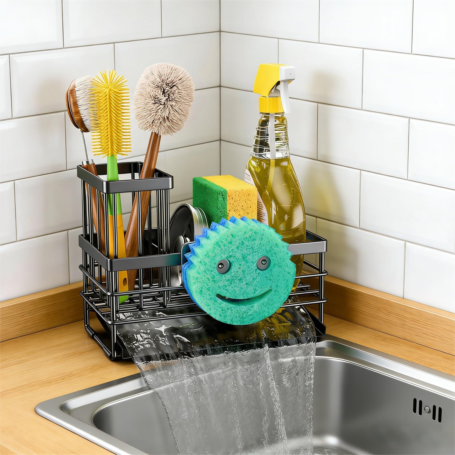 Sink Caddy Sponge Holder for Kitchen with Brush Holder and Stainless Steel Self Drain Tray