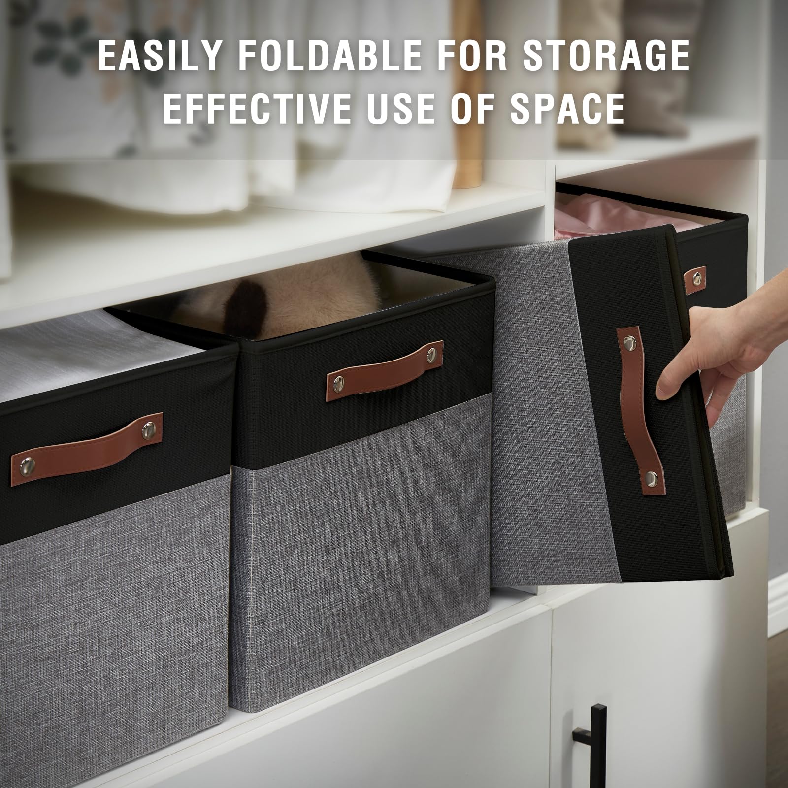 Collapsible Fabric Storage Cube Bins with 2 Reinforced PU Handles (4 Count)