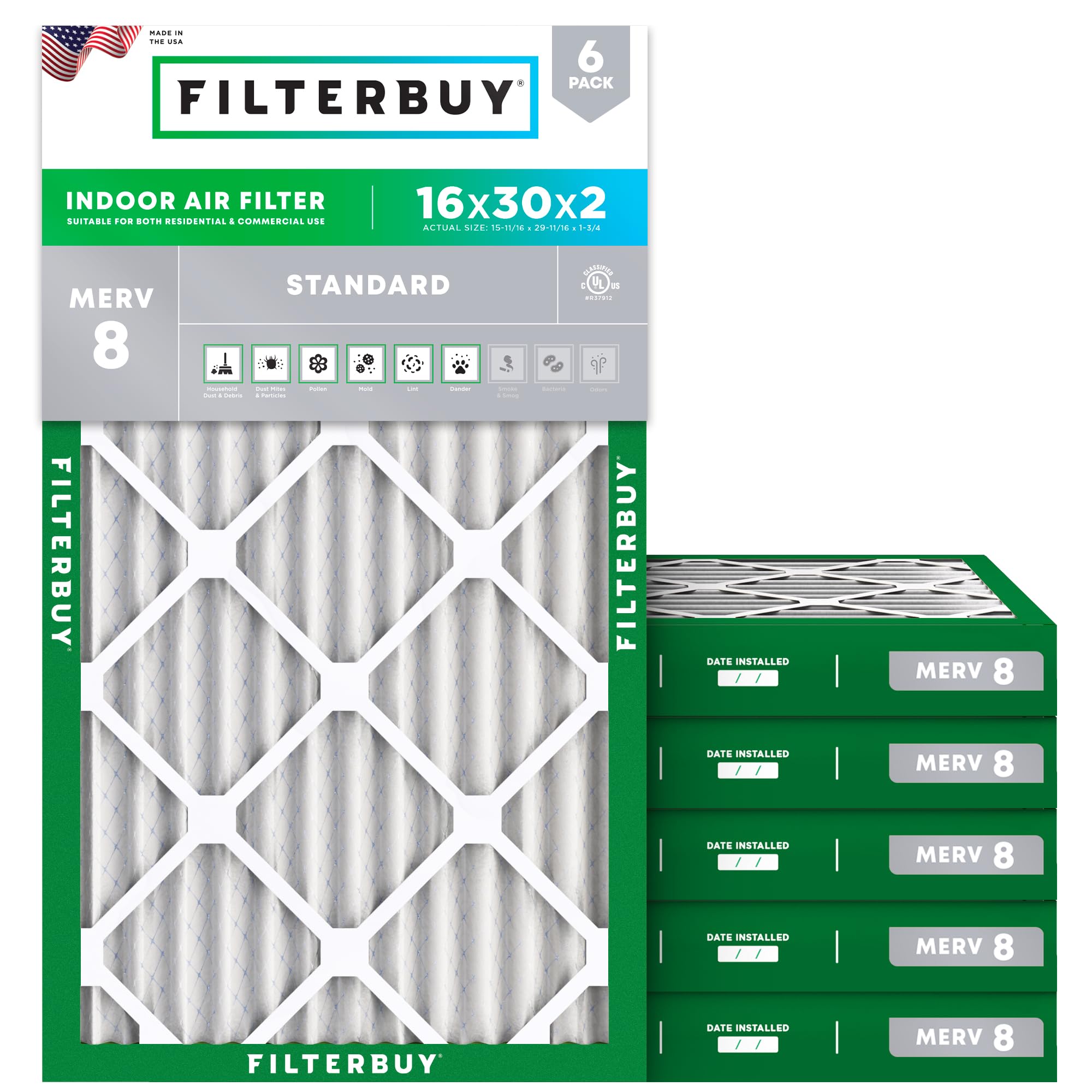 16x30x2 Air Filter MERV 8 Dust & Allergy Defense (6 Count)