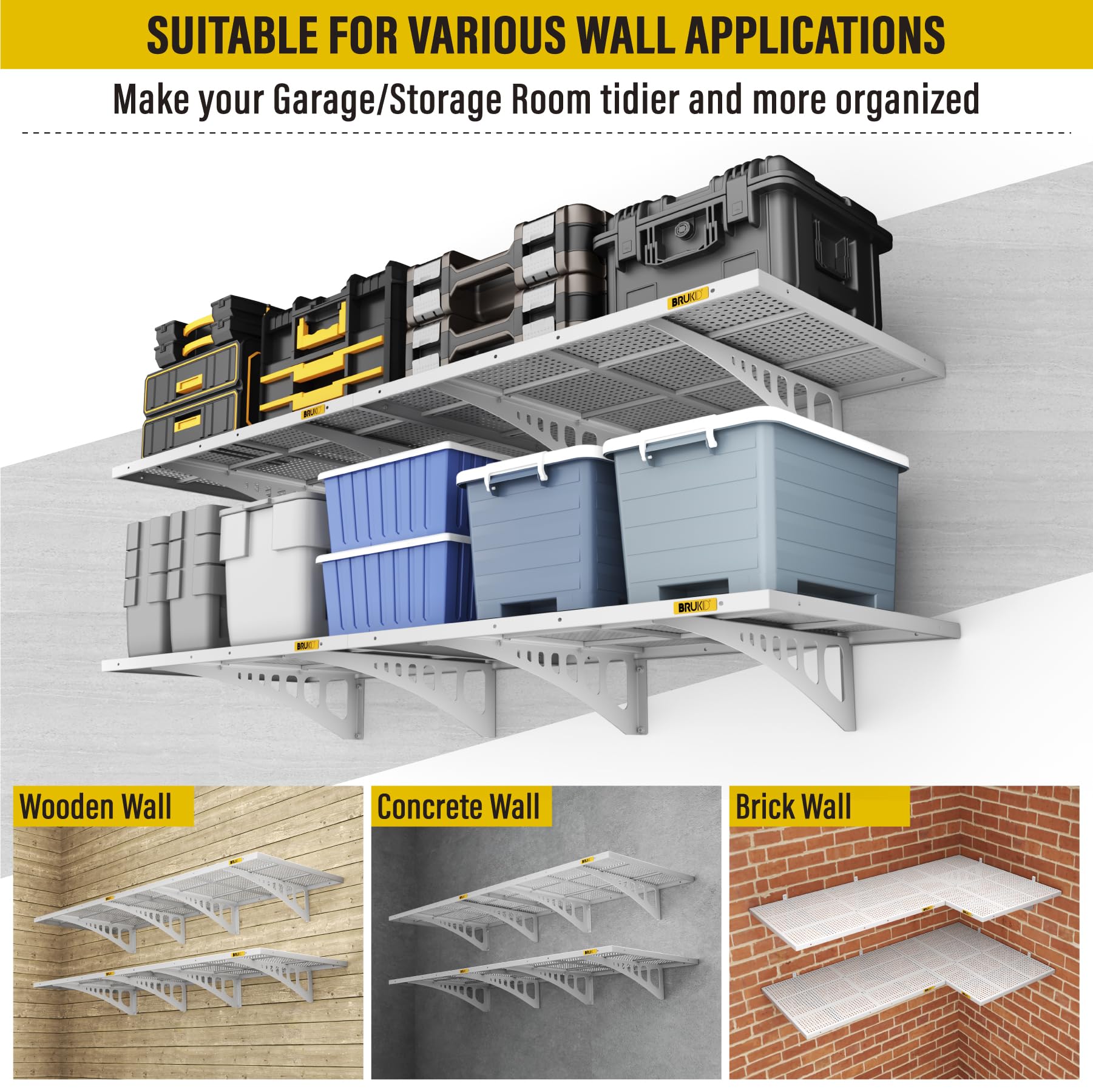 4Pack 2x3ft Adjustable Metal Garage Wall Shelving Heavy Duty Garage Storage Shelf Wall Mounted White (4 Count)