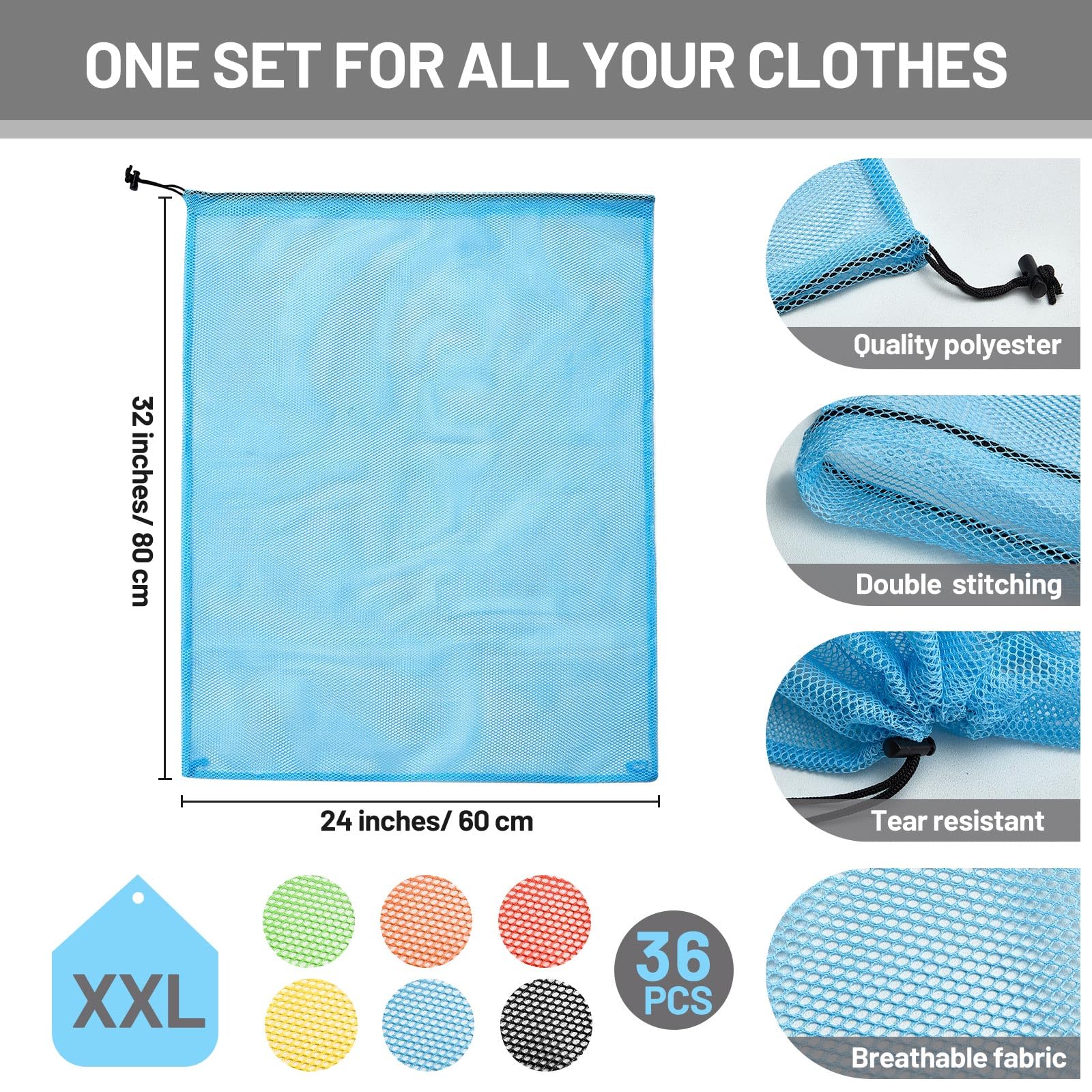 36 Pcs 32x24 in Large Laundry Bag Colorful Extra Large Mesh Laundry Bag Bulk with Drawstring Heavy Duty Mesh Machine Washable Drawstring Pouch (36 Count)