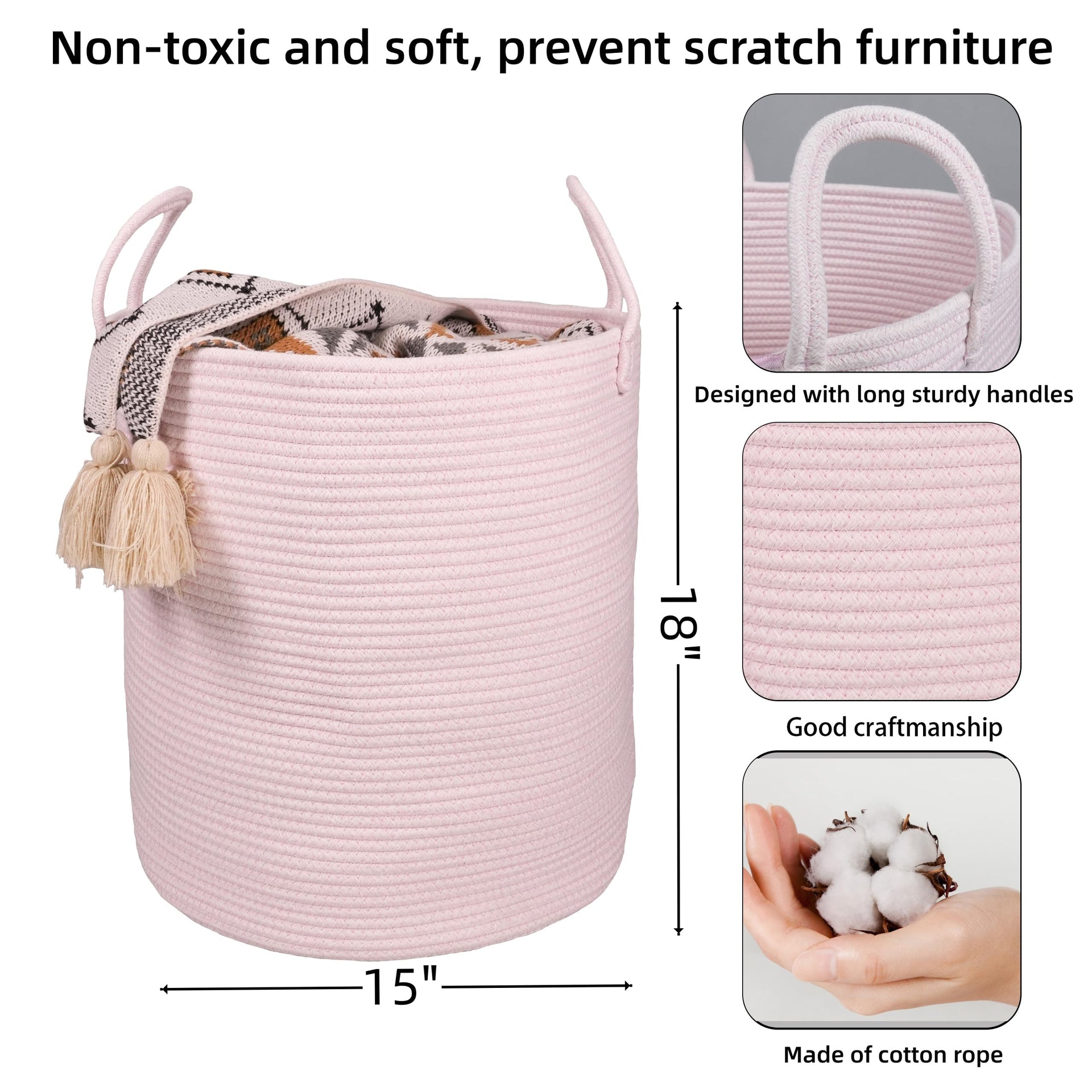 Cotton Rope Laundry Basket Hamper for Girls Kids Baby Nursery Pink