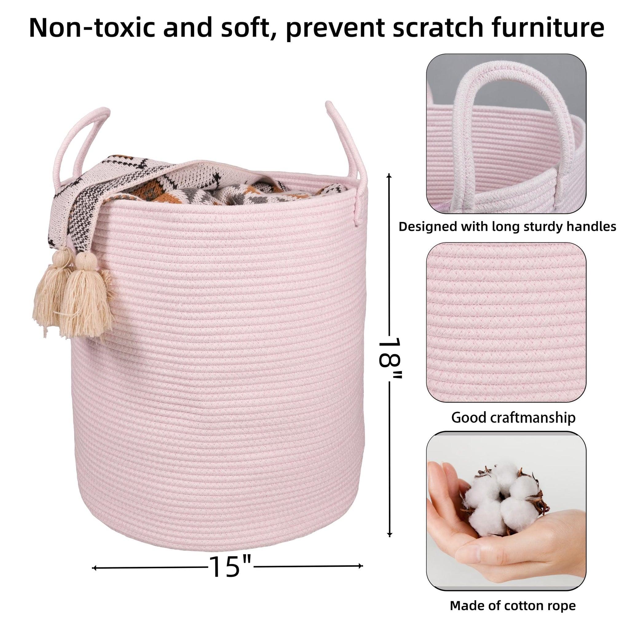 Cotton Rope Laundry Basket Hamper for Girls Kids Baby Nursery Pink