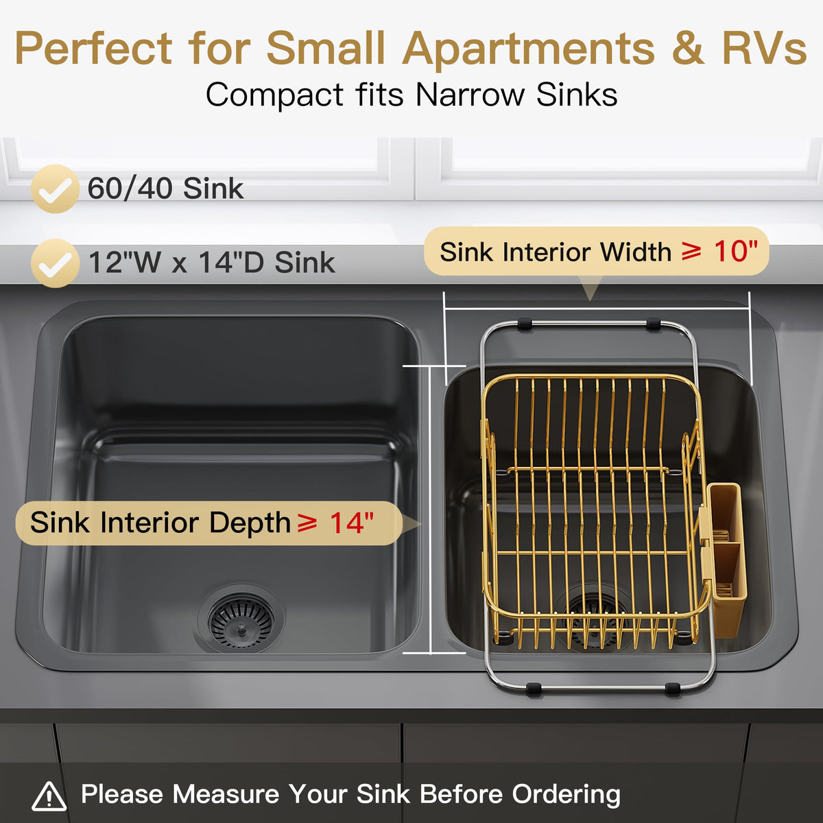 Gold Dish Drying Rack in Sink with Utensil Holder