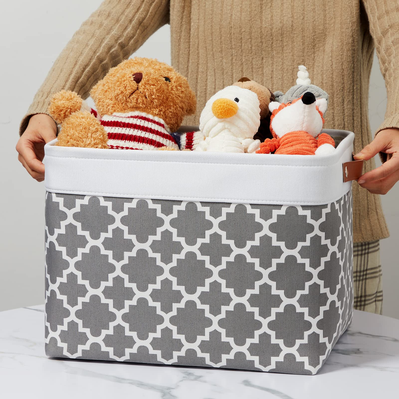 Foldable Nursery Storage Baskets Canvas Storage Bins for Organizing 2 Pack Collapsible Home Organizer With Leather Handles (2 Count)
