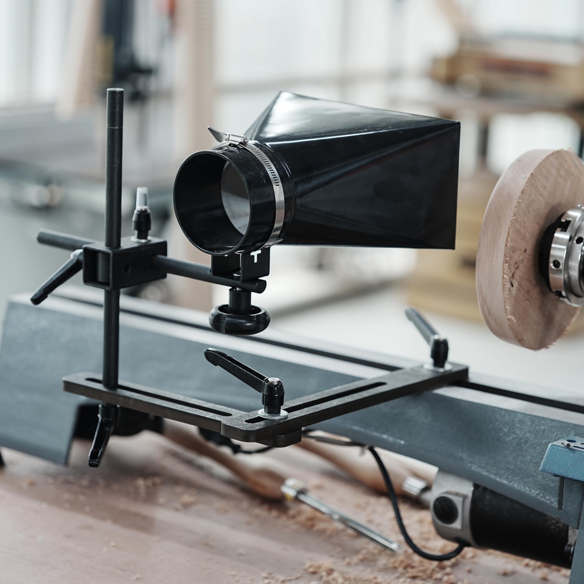 Woodturning Dust Hood Installed on Woodlathe for Effective Dust Extraction Collection