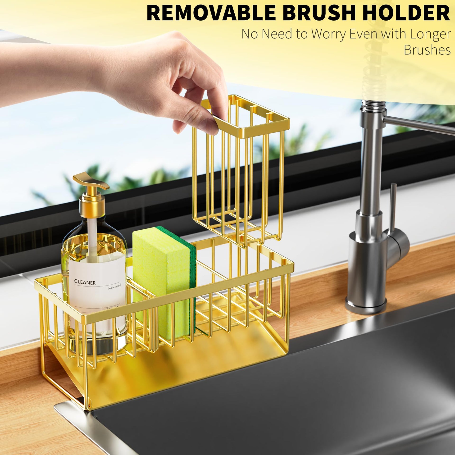 Gold Kitchen Sink Caddy Organzier with High Brush Holder