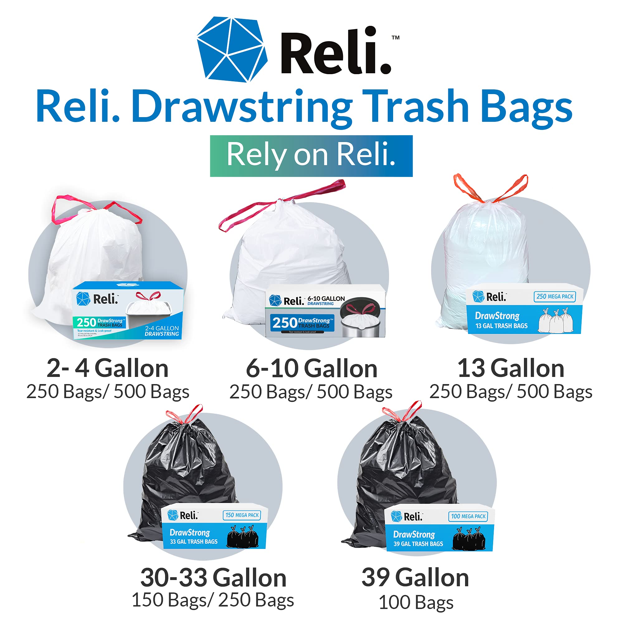 6 10 Gallon Trash Bags Drawstring (500 Count)