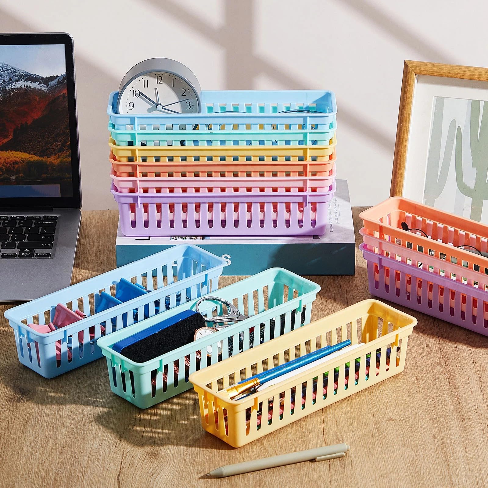 12 Pack Slim Plastic Storage Baskets Tray for Organizing 10.25x3.25x2.5 Inch Small Narrow Storage Bins Stackable Drawer Pencil Trays Holder for Desk Garage Cabinet Container (12 Count)