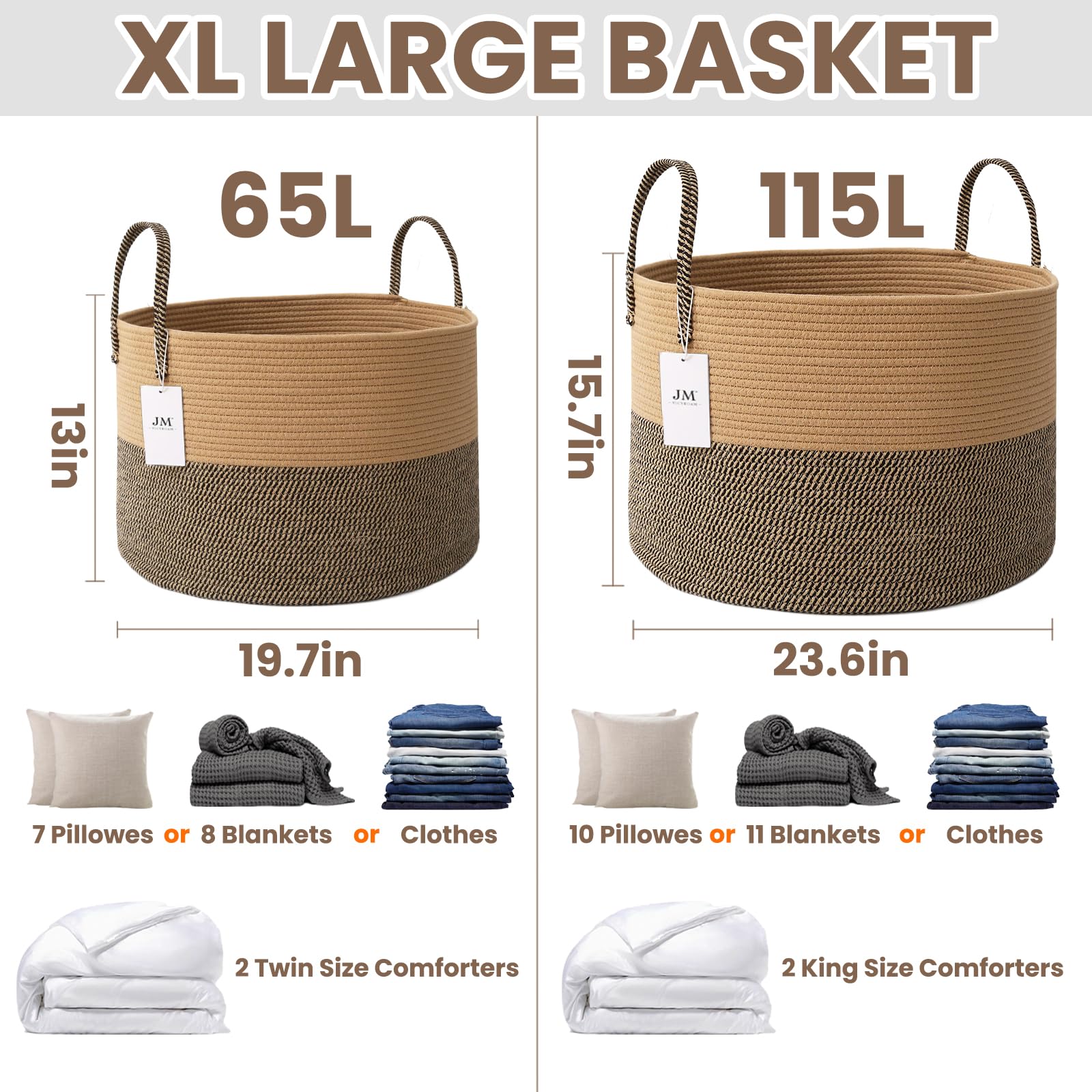 65L Extra Large Machine Washable Cotton Rope Blanket Basket