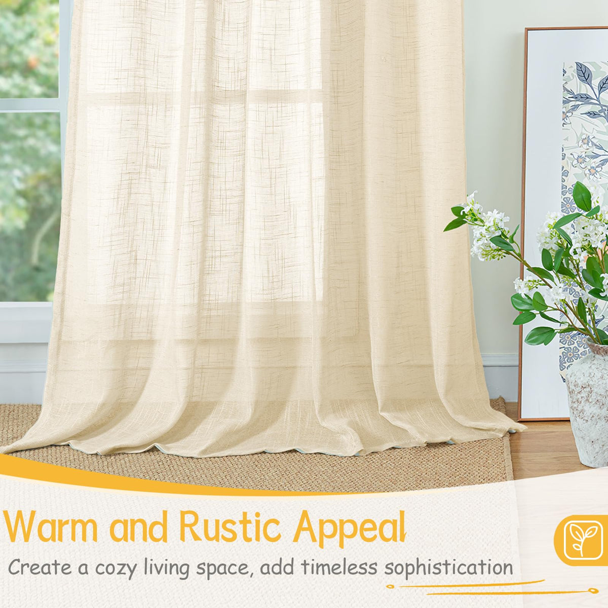 Linen Semi Sheer Curtains 40 Inch Length for Kitchen Window (2 Count)