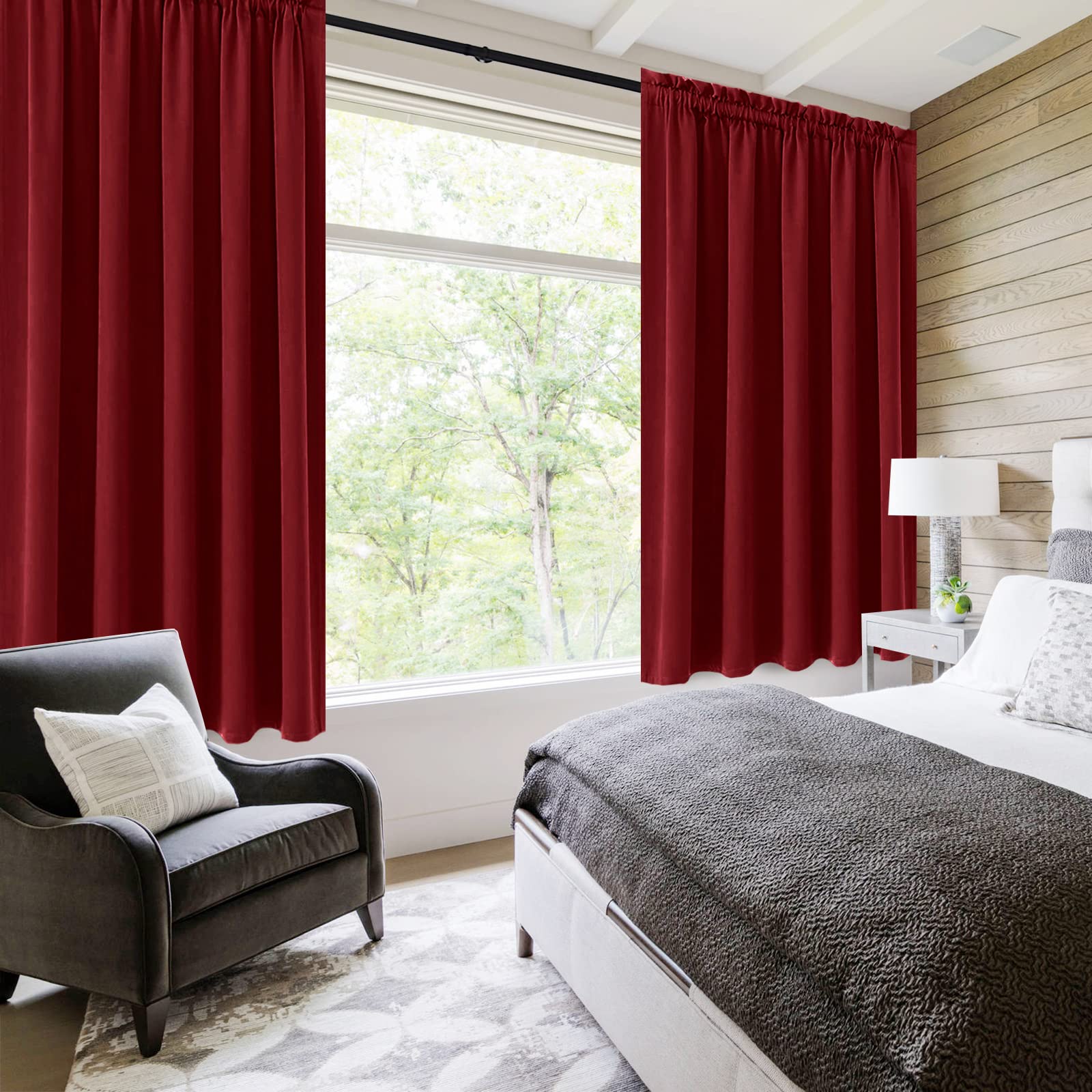 Wide Blackout Curtains for Living Room 60 x 63 Inch Long Burgundy (2 Count)