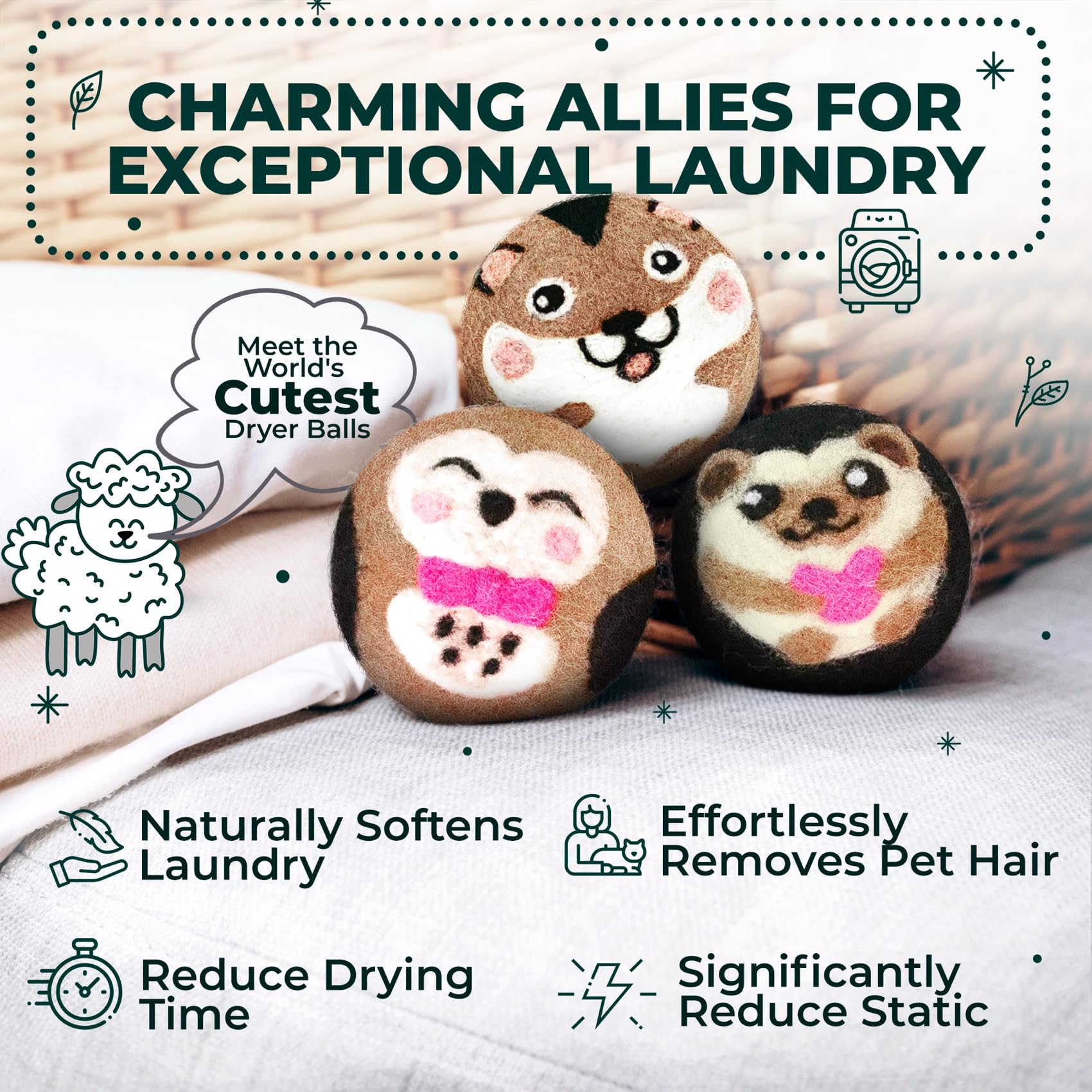 Chemical Free & Baby Safe! Reusable Wool Dryer Balls XL 6 (6 Count)