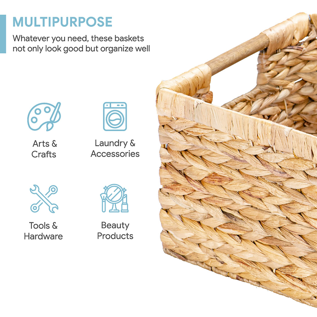 Large Wicker Basket Rectangular with Wooden Handles for Shelves (3 Count)