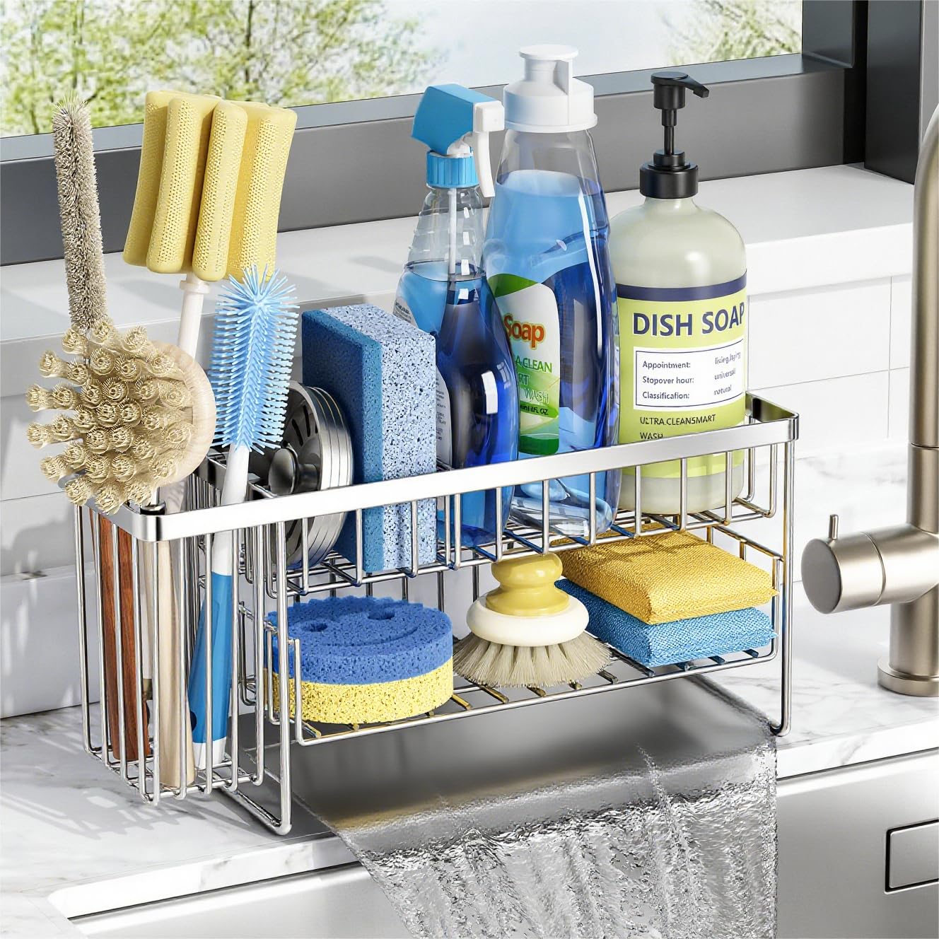 Silver 2 Tier Kitchen Sink Caddy Organzier Rack with Flexible Dish Brush Holder